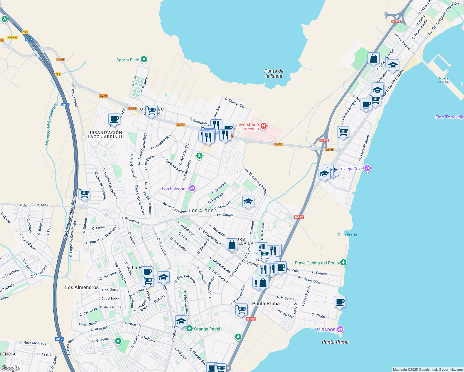 map of restaurants, bars, coffee shops, grocery stores, and more near 12 Calle la Sagra in Torrevieja