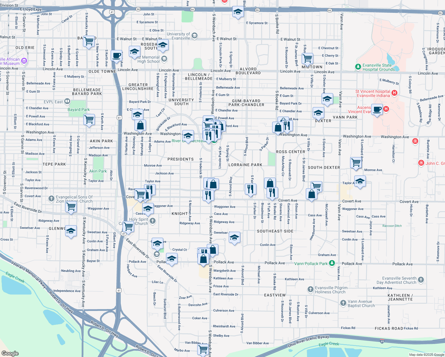 map of restaurants, bars, coffee shops, grocery stores, and more near 2031 Taylor Avenue in Evansville