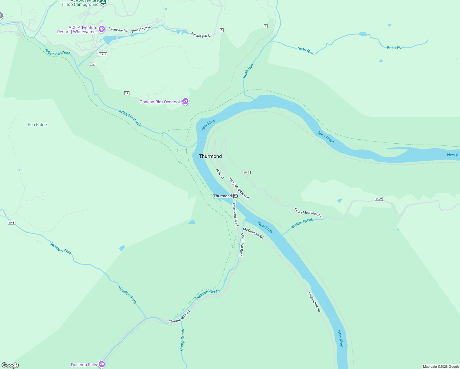 map of restaurants, bars, coffee shops, grocery stores, and more near 144 Beury Mountain Road in Thurmond