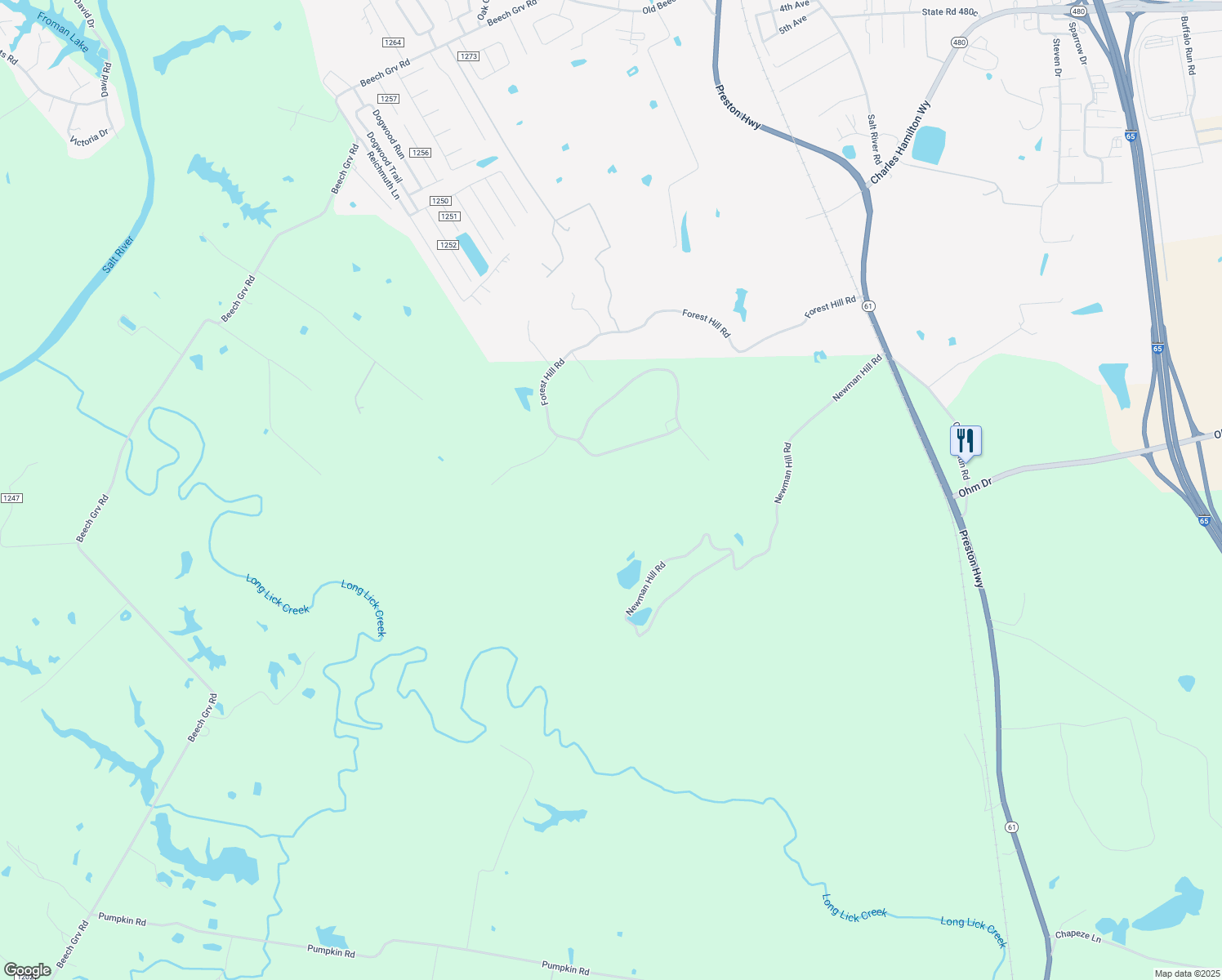map of restaurants, bars, coffee shops, grocery stores, and more near 2122 Forest Hill Road in Shepherdsville