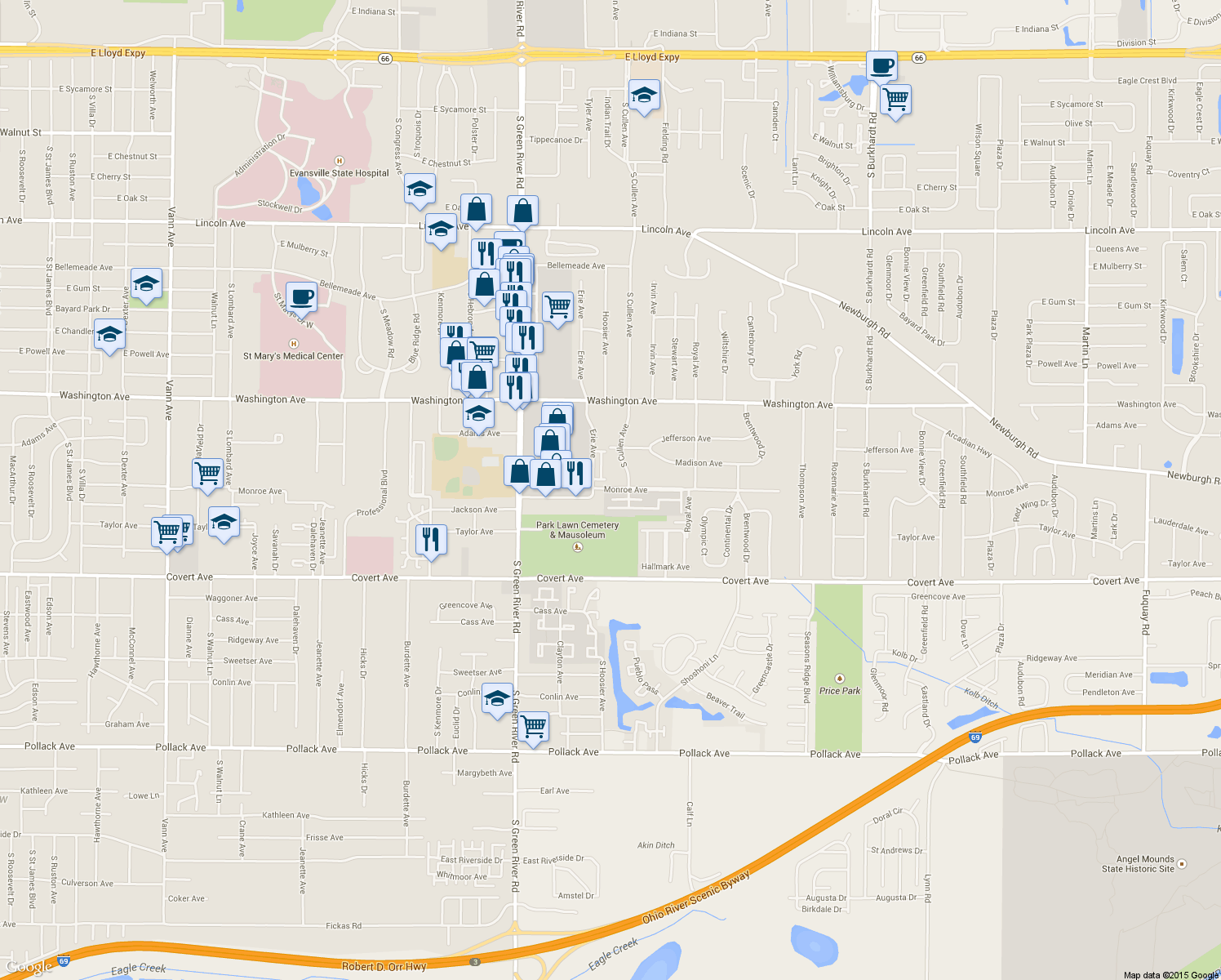 map of restaurants, bars, coffee shops, grocery stores, and more near 5151 Monroe Avenue in Evansville