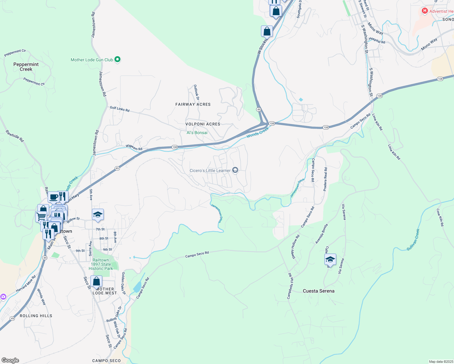 map of restaurants, bars, coffee shops, grocery stores, and more near Lohman Dr in Jamestown