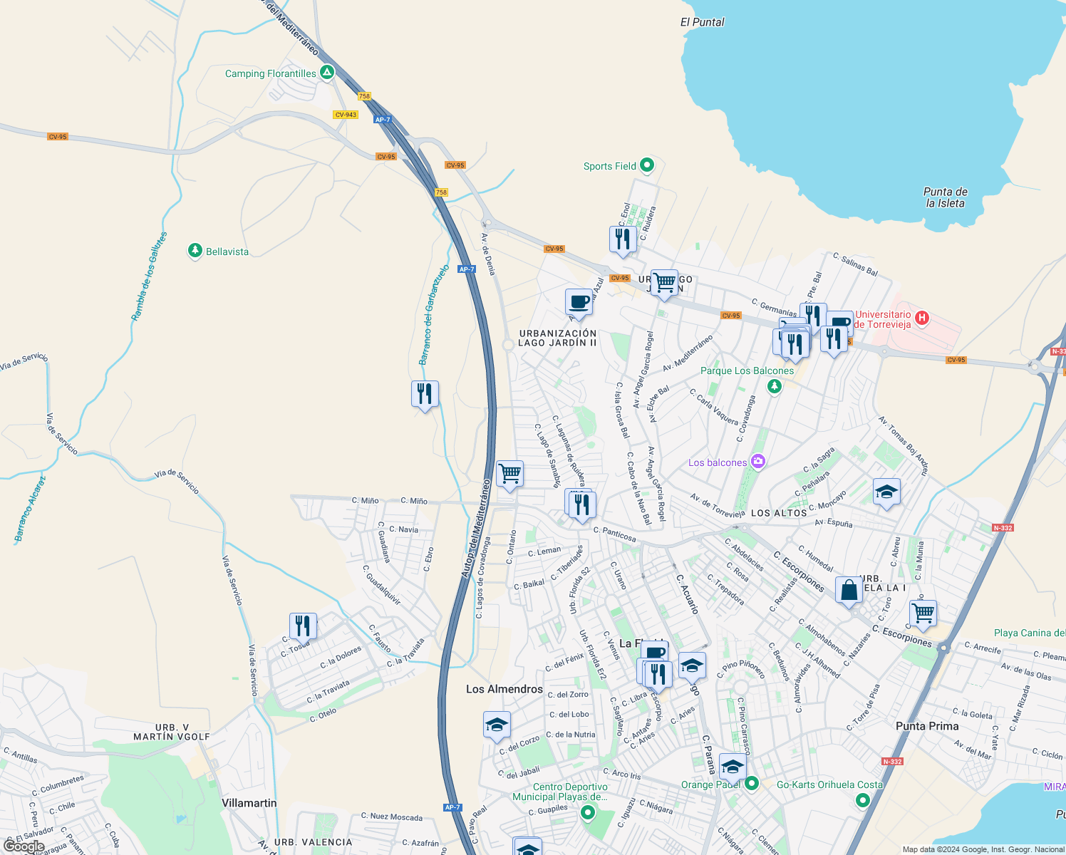 map of restaurants, bars, coffee shops, grocery stores, and more near Calle Laguna de Gallocanta in Alicante