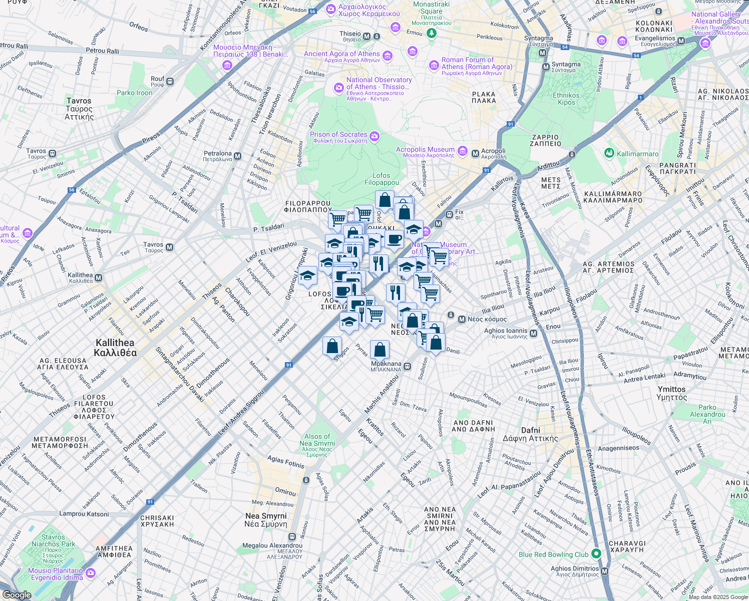 map of restaurants, bars, coffee shops, grocery stores, and more near in Athina