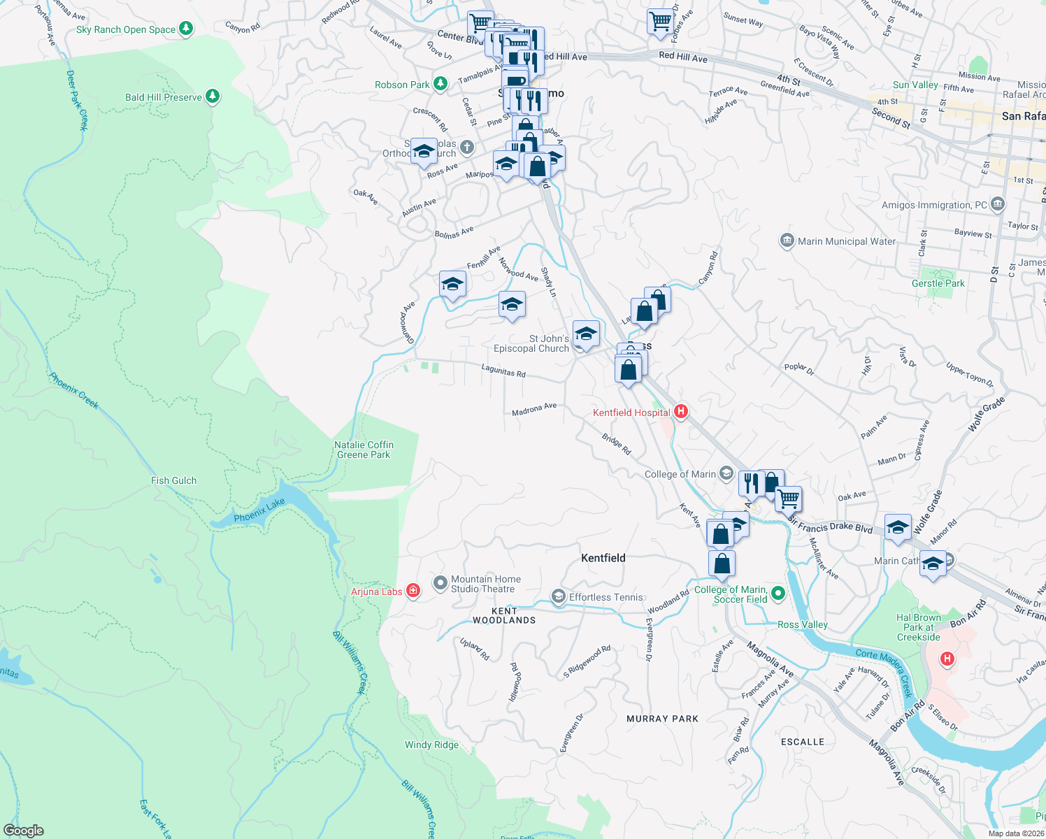 map of restaurants, bars, coffee shops, grocery stores, and more near 1 Spring Road in Ross