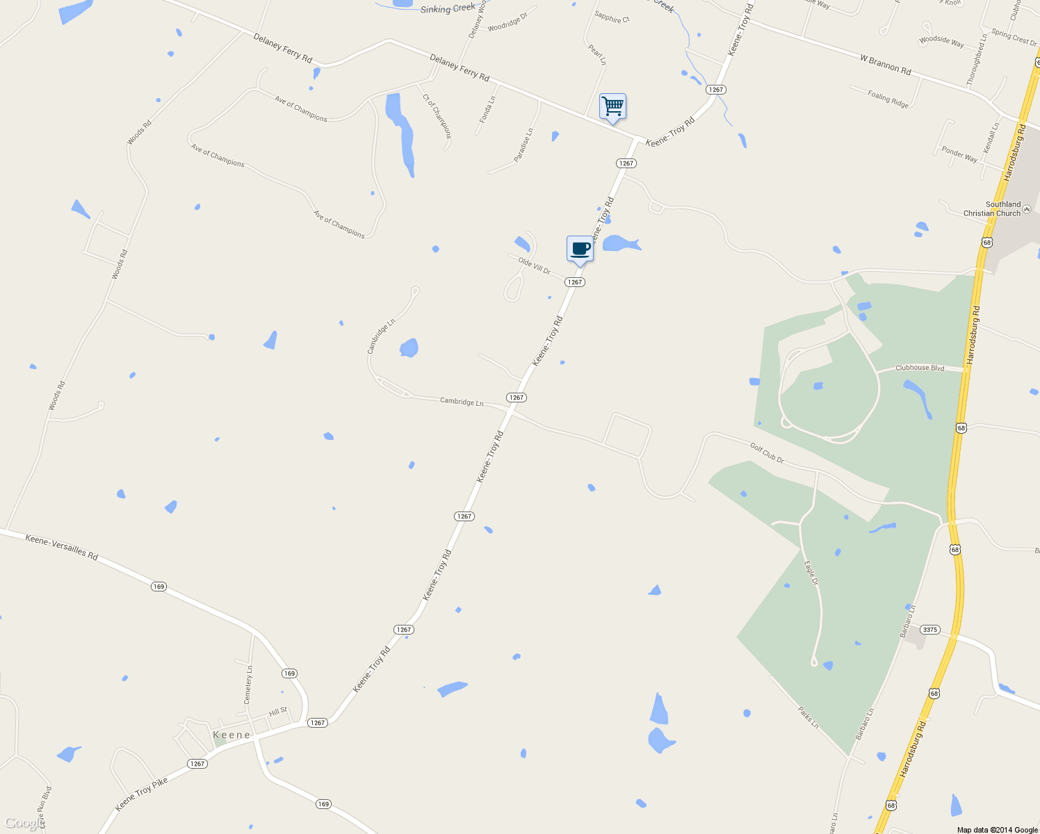 map of restaurants, bars, coffee shops, grocery stores, and more near 555 East Cambridge Lane in Nicholasville