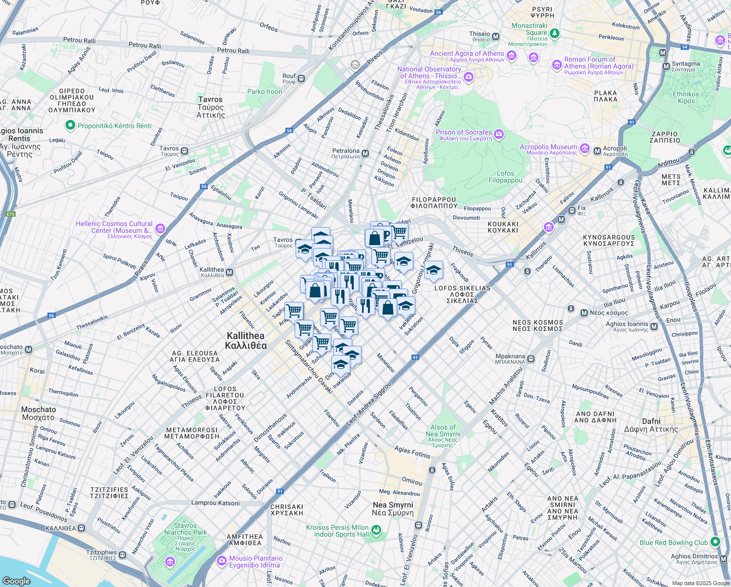 map of restaurants, bars, coffee shops, grocery stores, and more near in Kallithea