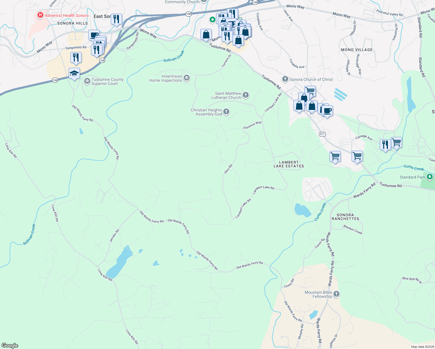 map of restaurants, bars, coffee shops, grocery stores, and more near 18558 Olov Road in Sonora