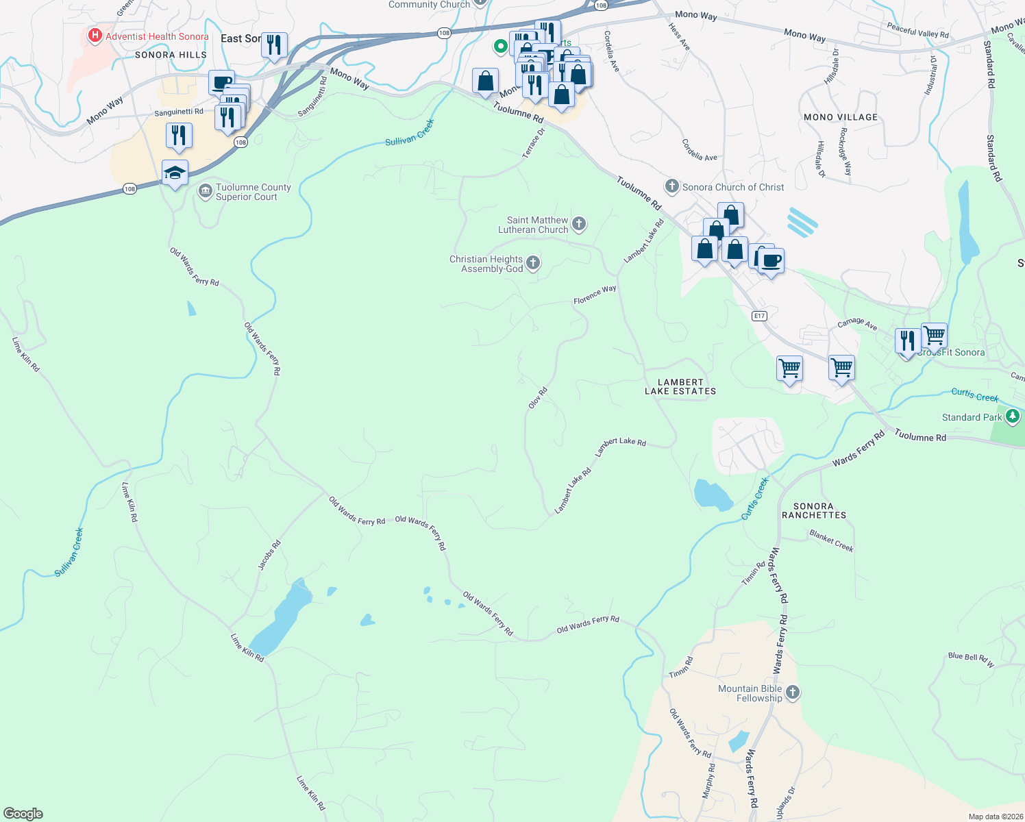 map of restaurants, bars, coffee shops, grocery stores, and more near 18558 Olov Road in Sonora