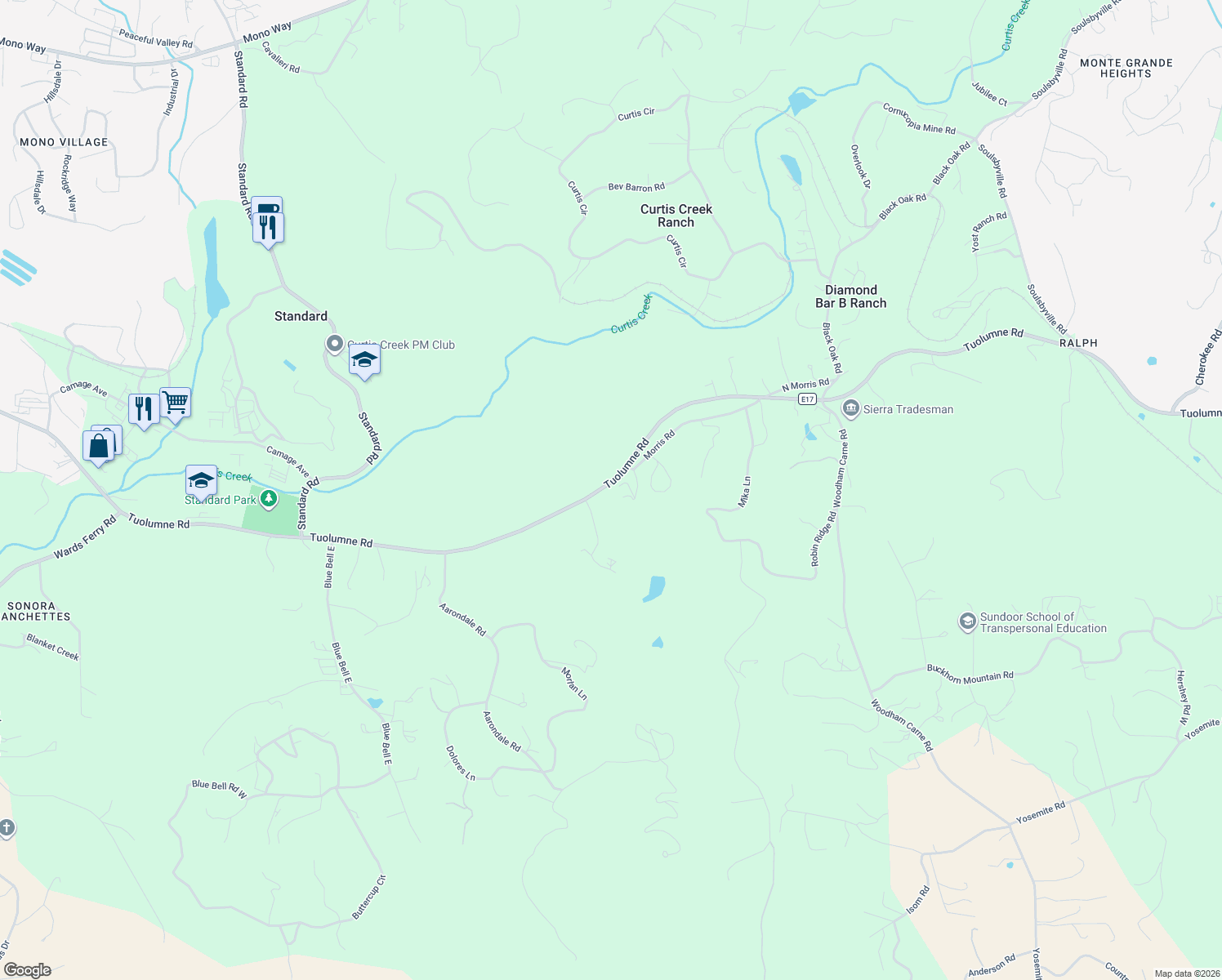map of restaurants, bars, coffee shops, grocery stores, and more near 15895 Morris Road in Sonora