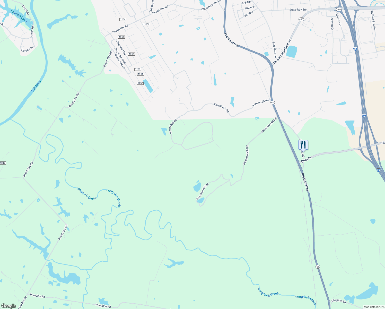 map of restaurants, bars, coffee shops, grocery stores, and more near 2122 Forest Hill Road in Shepherdsville