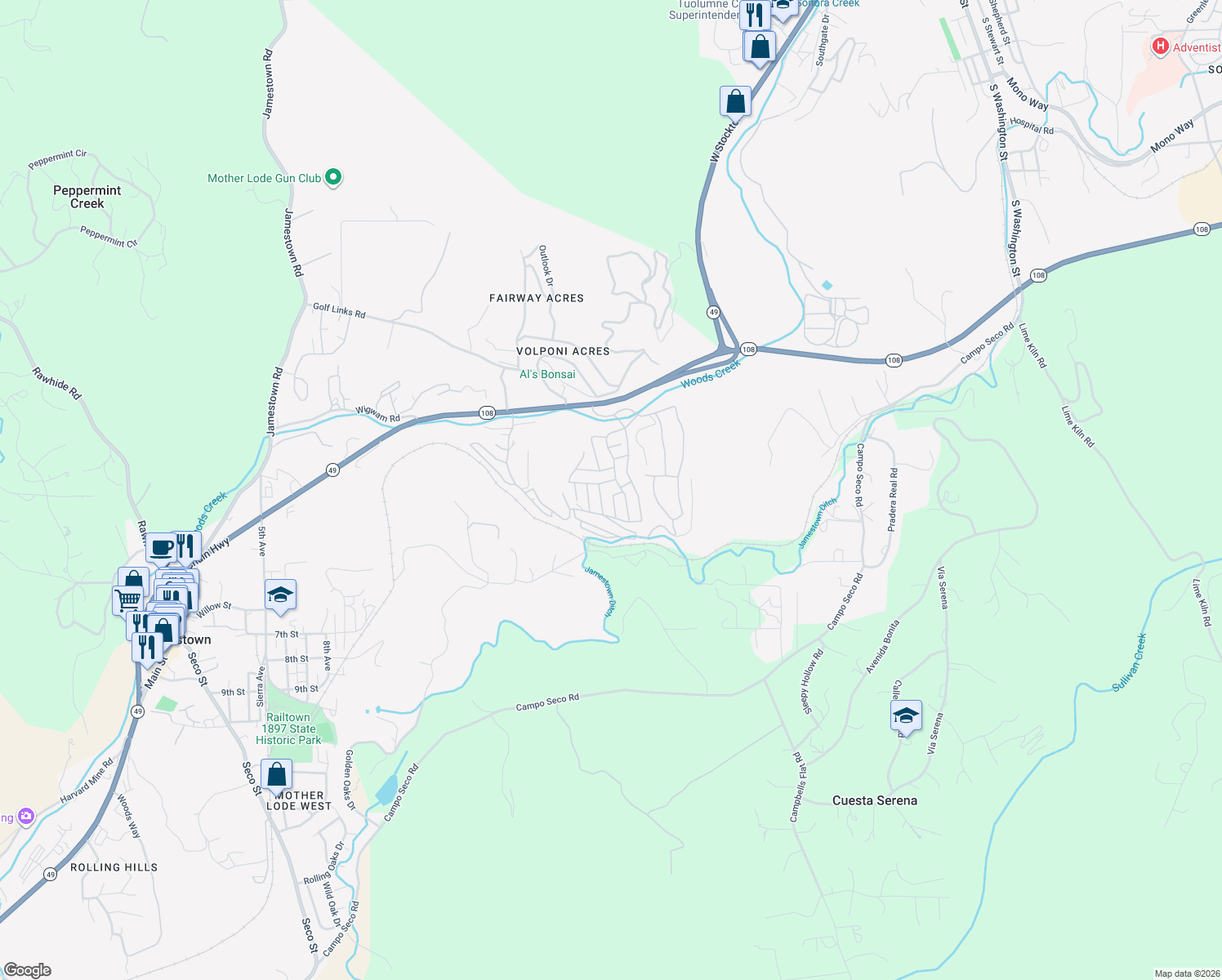 map of restaurants, bars, coffee shops, grocery stores, and more near Poolside Drive in Jamestown