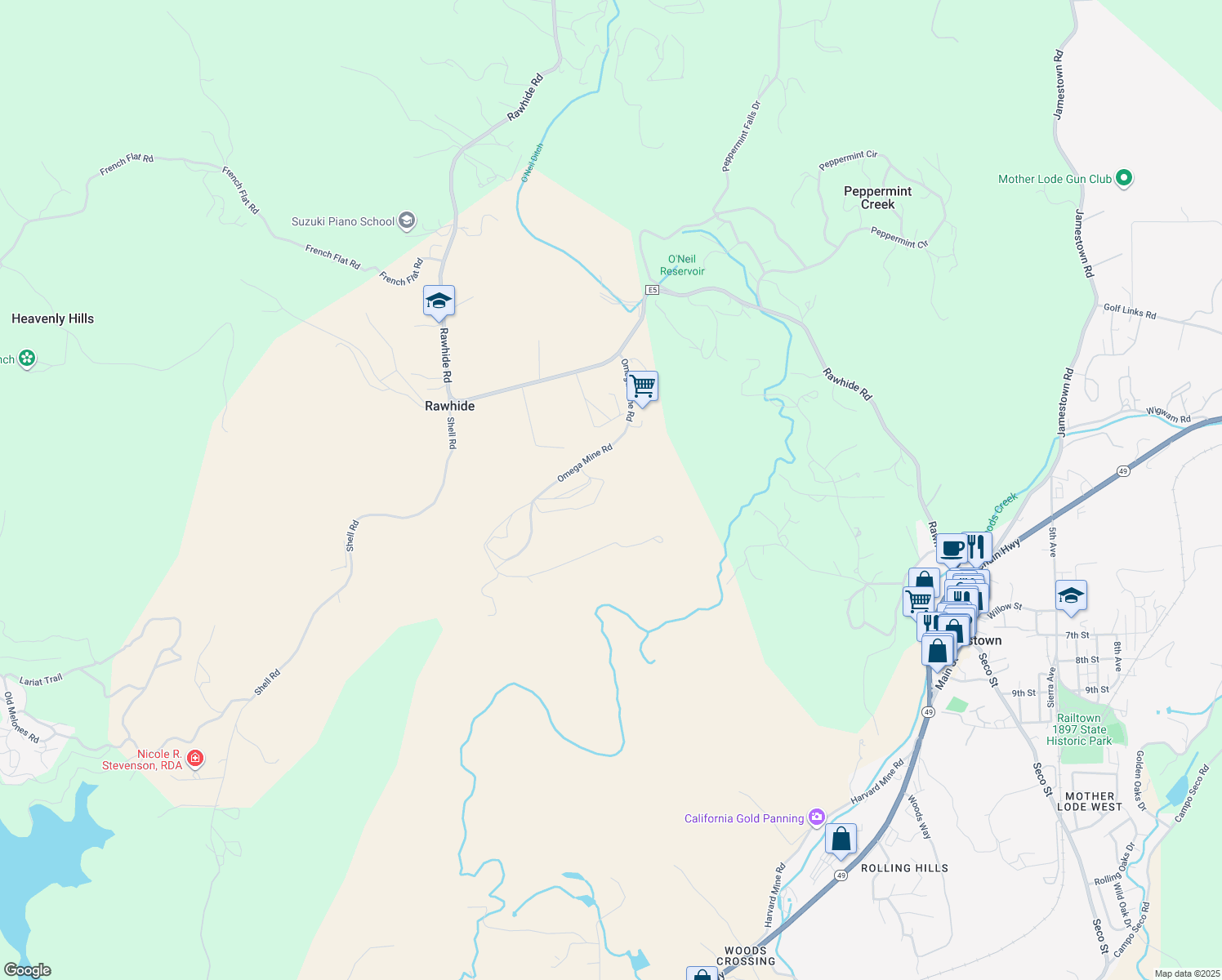 map of restaurants, bars, coffee shops, grocery stores, and more near 18603 Omega Mine Road in Jamestown