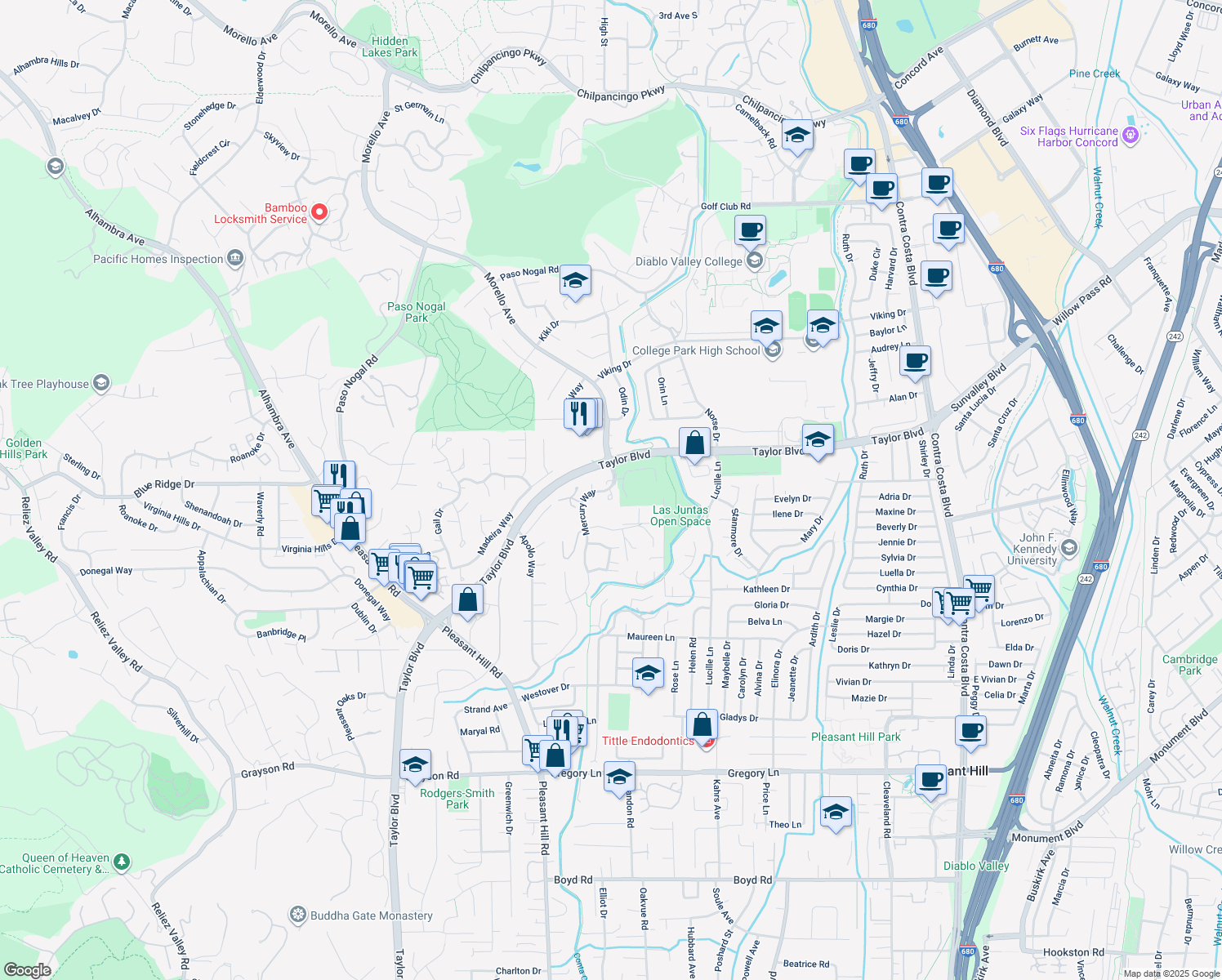map of restaurants, bars, coffee shops, grocery stores, and more near 900 Kimberly Cir in Pleasant Hill
