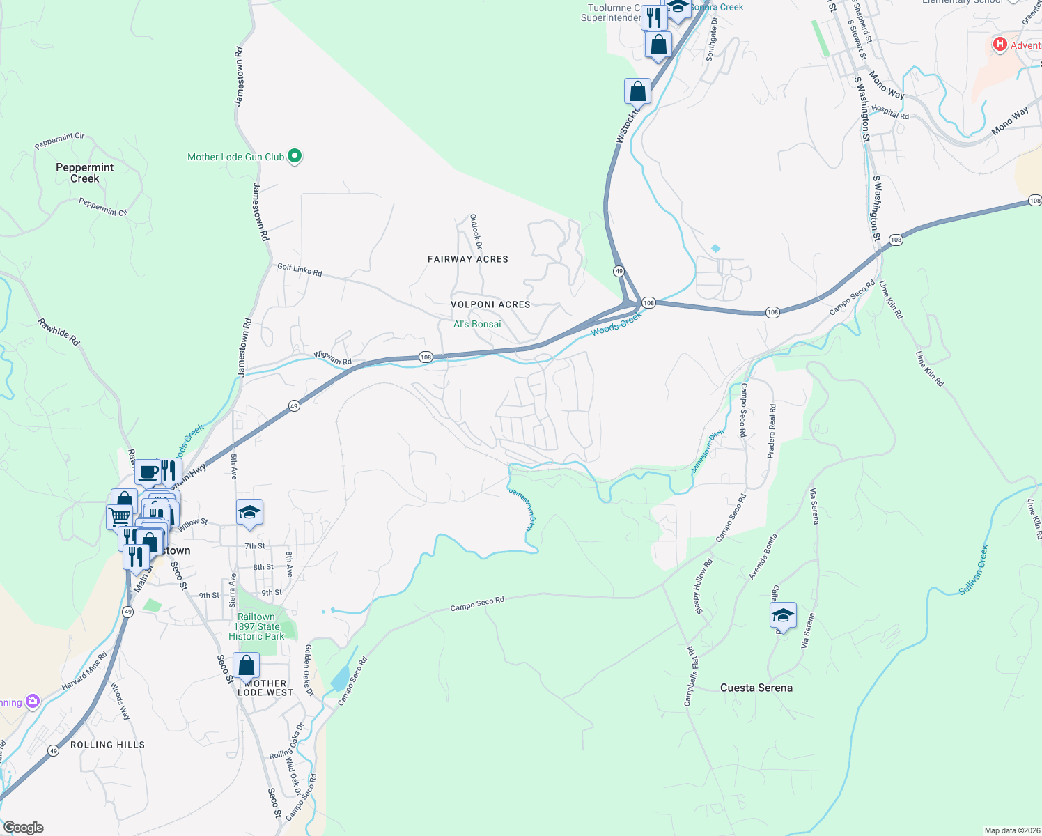 map of restaurants, bars, coffee shops, grocery stores, and more near Poolside Drive in Jamestown