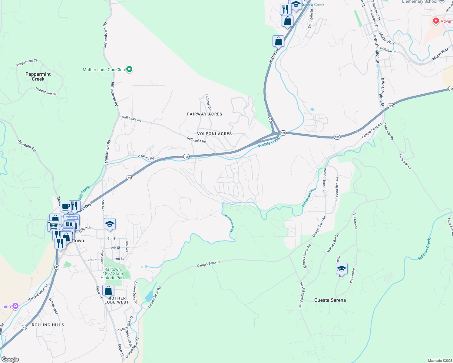 map of restaurants, bars, coffee shops, grocery stores, and more near 18715 Mill Villa Road in Jamestown