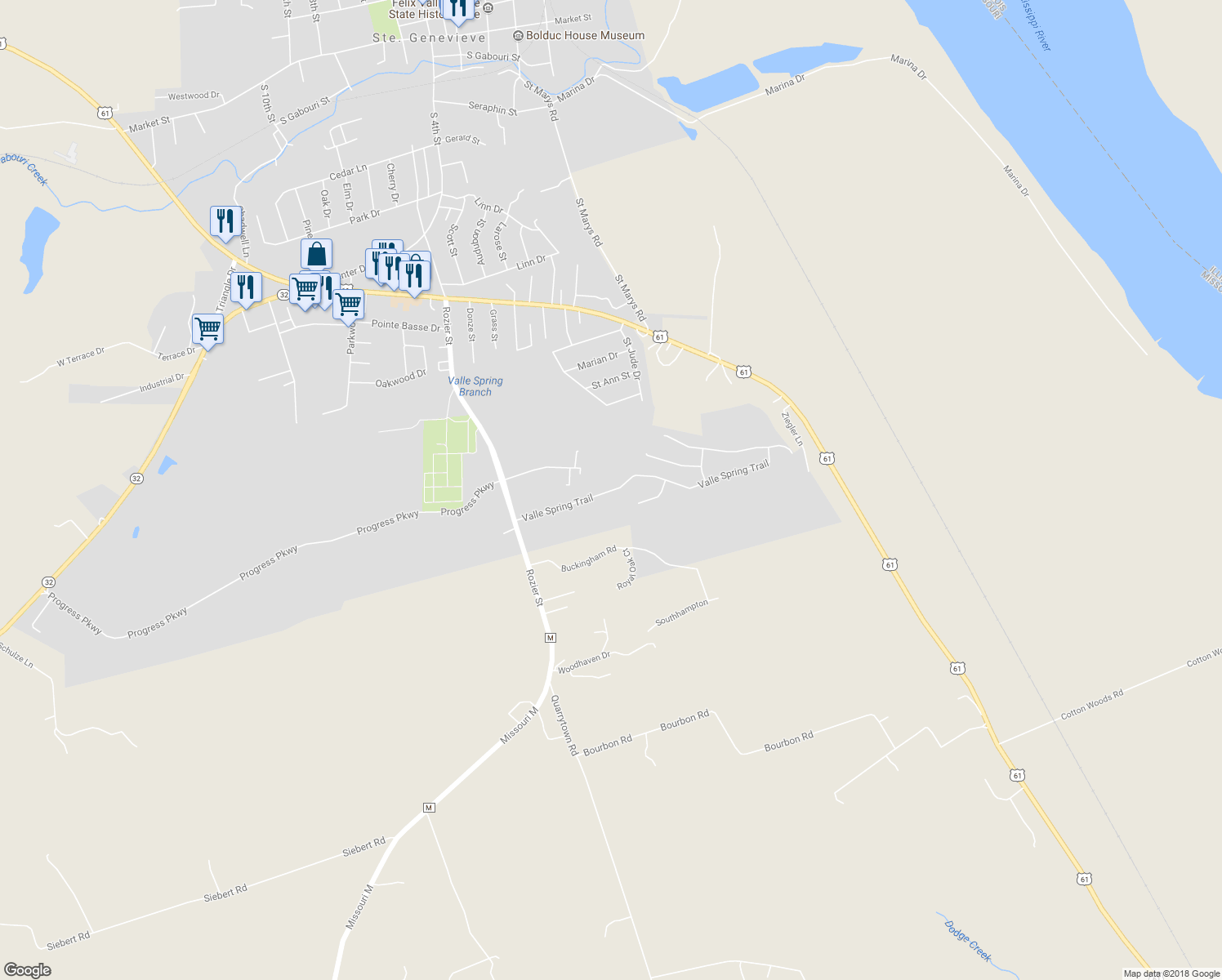 map of restaurants, bars, coffee shops, grocery stores, and more near 1101 Valle Spring Trail in Ste. Genevieve