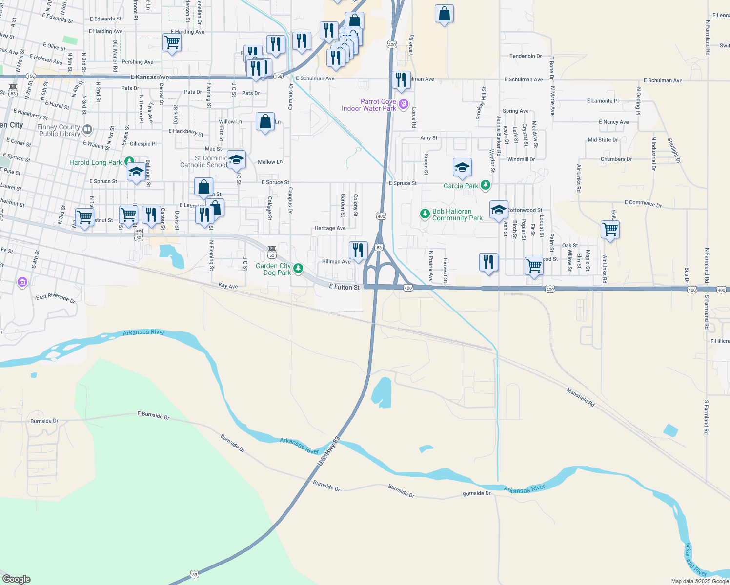 map of restaurants, bars, coffee shops, grocery stores, and more near U.S. 400 in Garden City