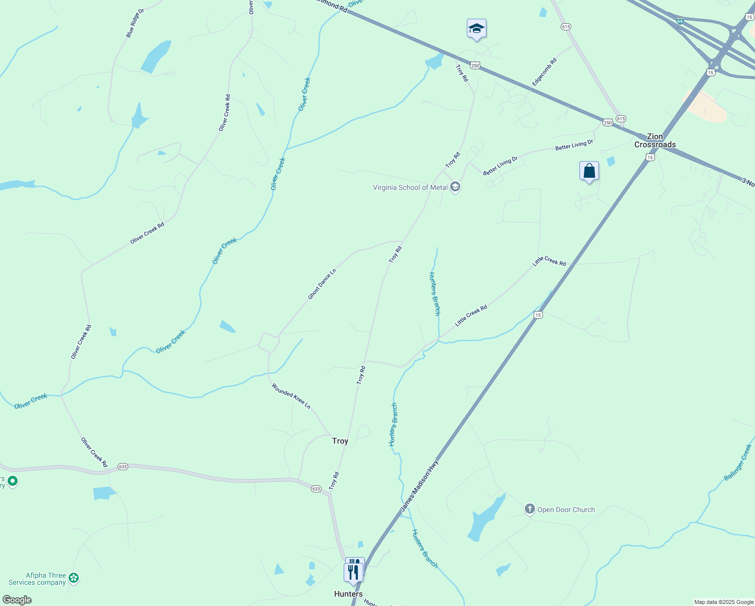 map of restaurants, bars, coffee shops, grocery stores, and more near Troy Road in Troy