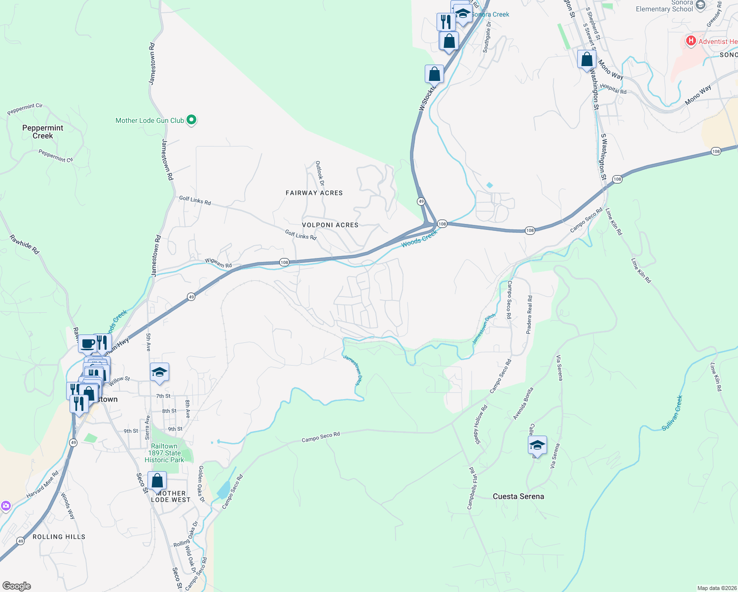 map of restaurants, bars, coffee shops, grocery stores, and more near Malcolm Dr in Jamestown