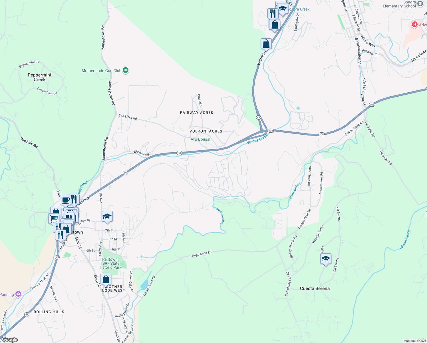 map of restaurants, bars, coffee shops, grocery stores, and more near 18717 Mill Villa Road in Jamestown