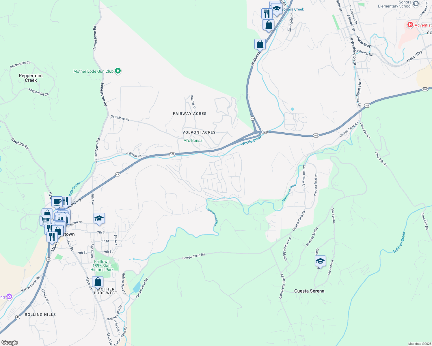 map of restaurants, bars, coffee shops, grocery stores, and more near 18717 Mill Villa Road in Jamestown