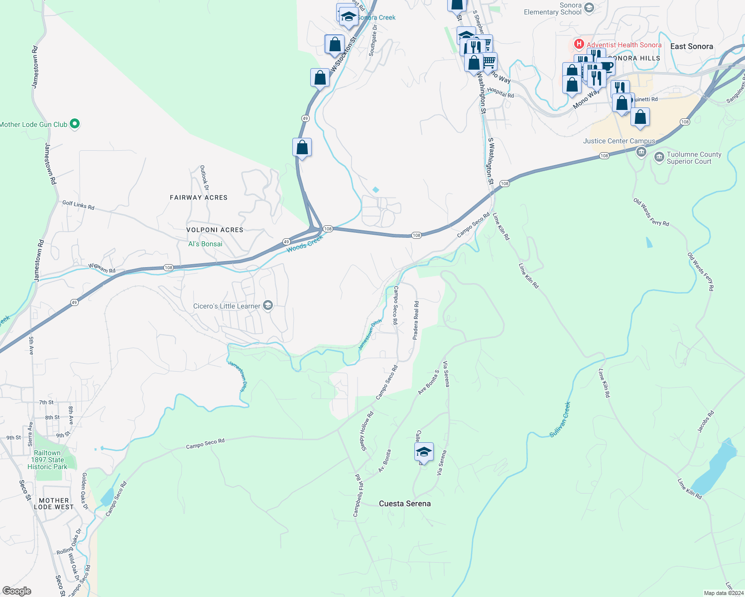 map of restaurants, bars, coffee shops, grocery stores, and more near 11775 Ellinwood Acres Road in Sonora