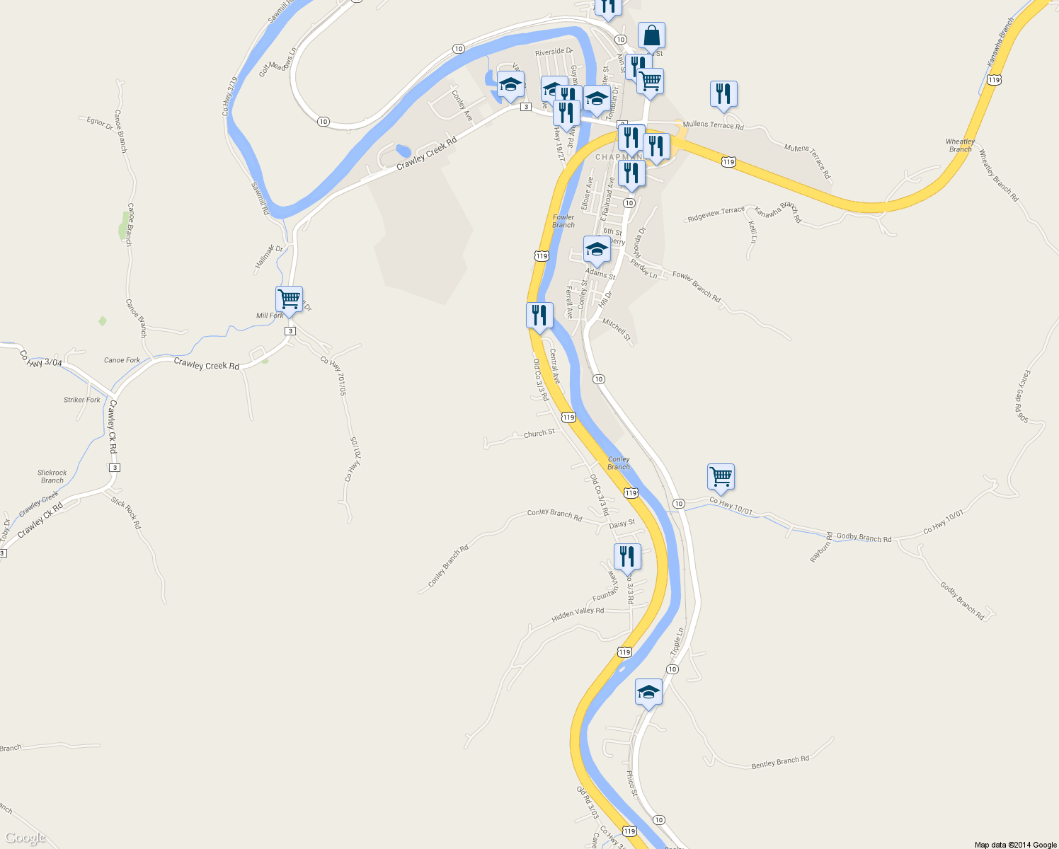 map of restaurants, bars, coffee shops, grocery stores, and more near 53 James St in Chapmanville