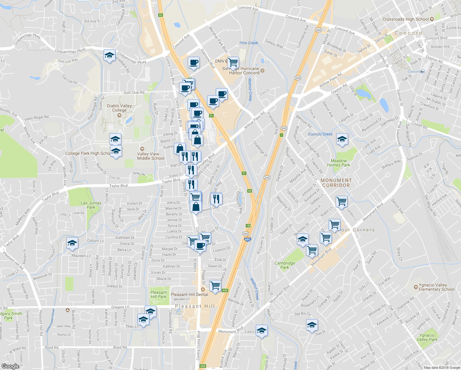 map of restaurants, bars, coffee shops, grocery stores, and more near 223 Sunspring Court in Pleasant Hill