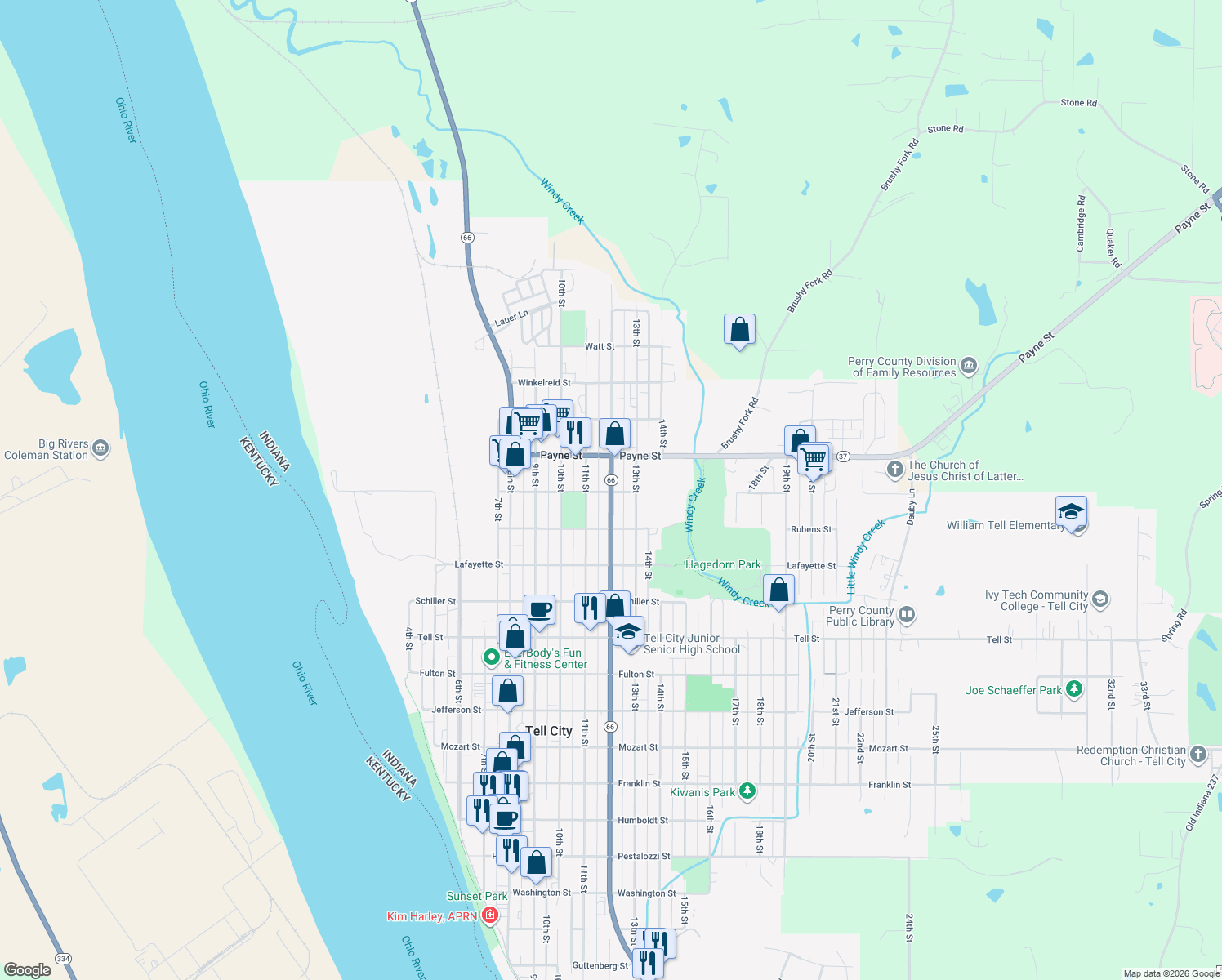 map of restaurants, bars, coffee shops, grocery stores, and more near 1401 12th Street in Tell City