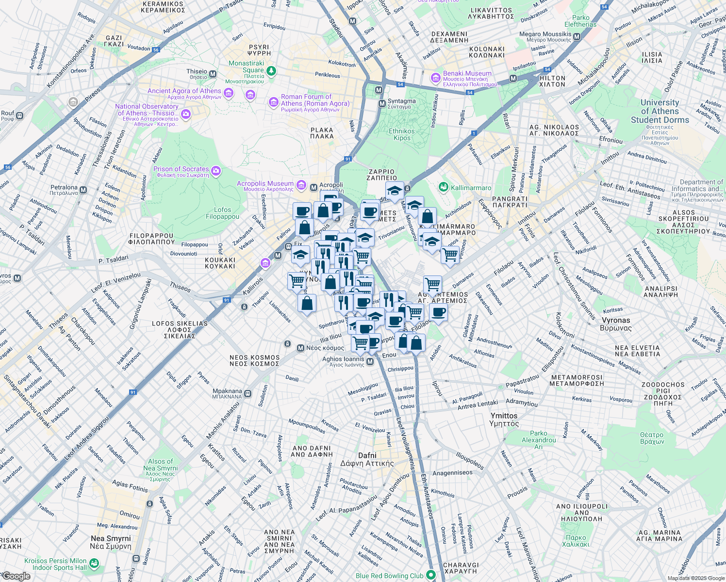 map of restaurants, bars, coffee shops, grocery stores, and more near in Athina