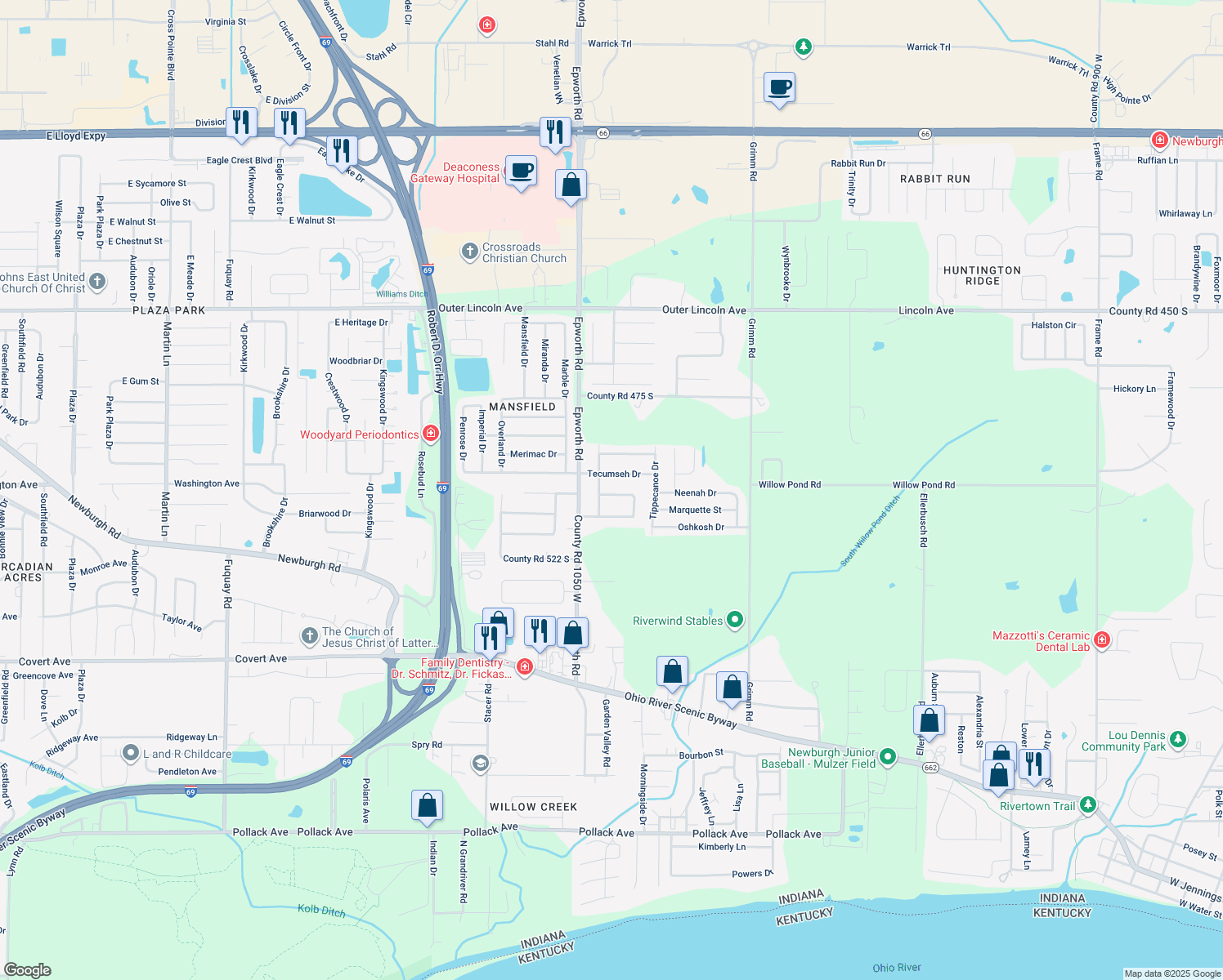 map of restaurants, bars, coffee shops, grocery stores, and more near 10400 Chippewa Drive in Newburgh