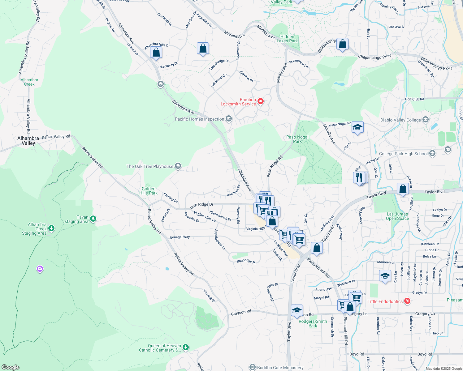 map of restaurants, bars, coffee shops, grocery stores, and more near 209 Valley Oak Plaza in Martinez