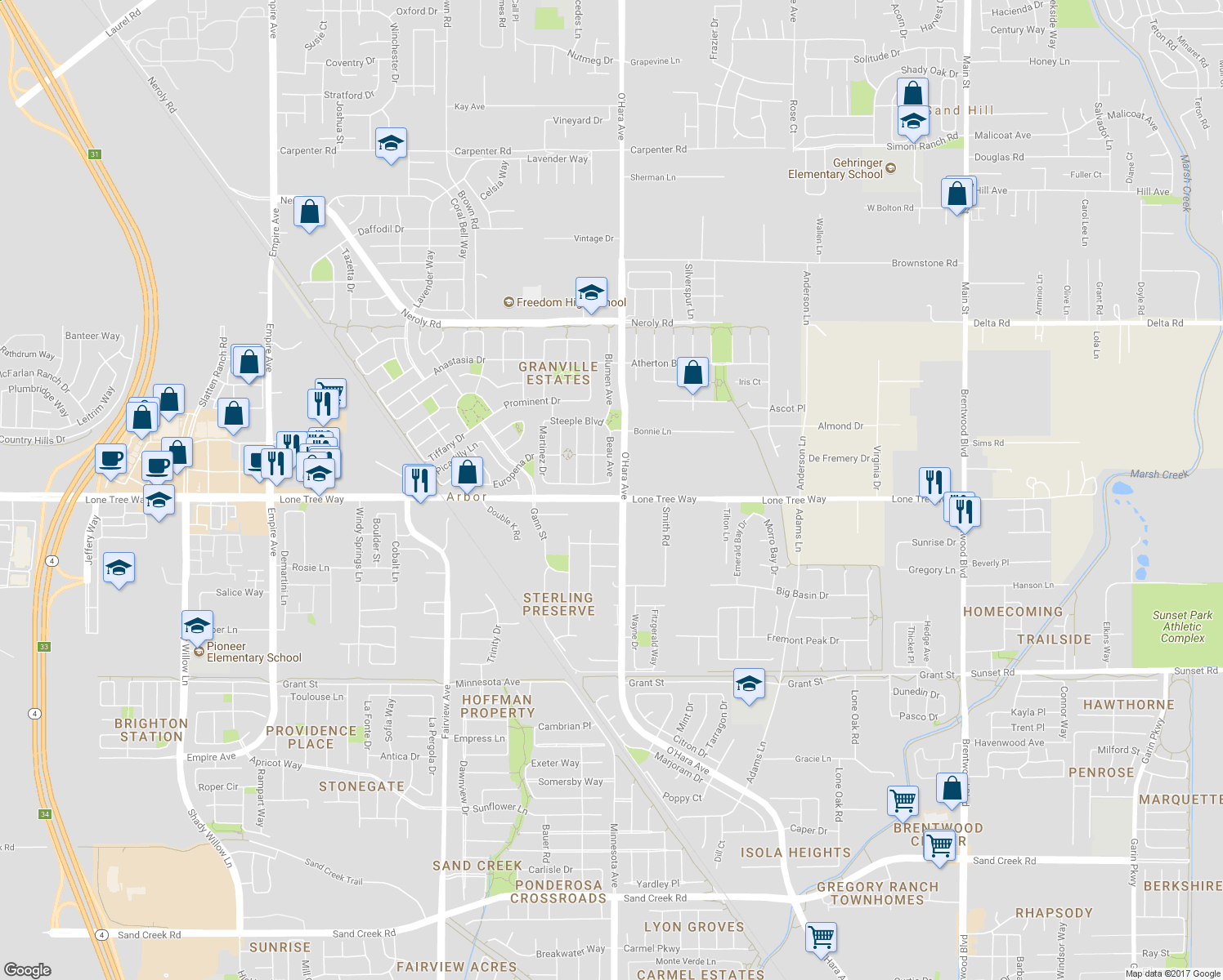 map of restaurants, bars, coffee shops, grocery stores, and more near 7460 Lone Tree Way in Brentwood
