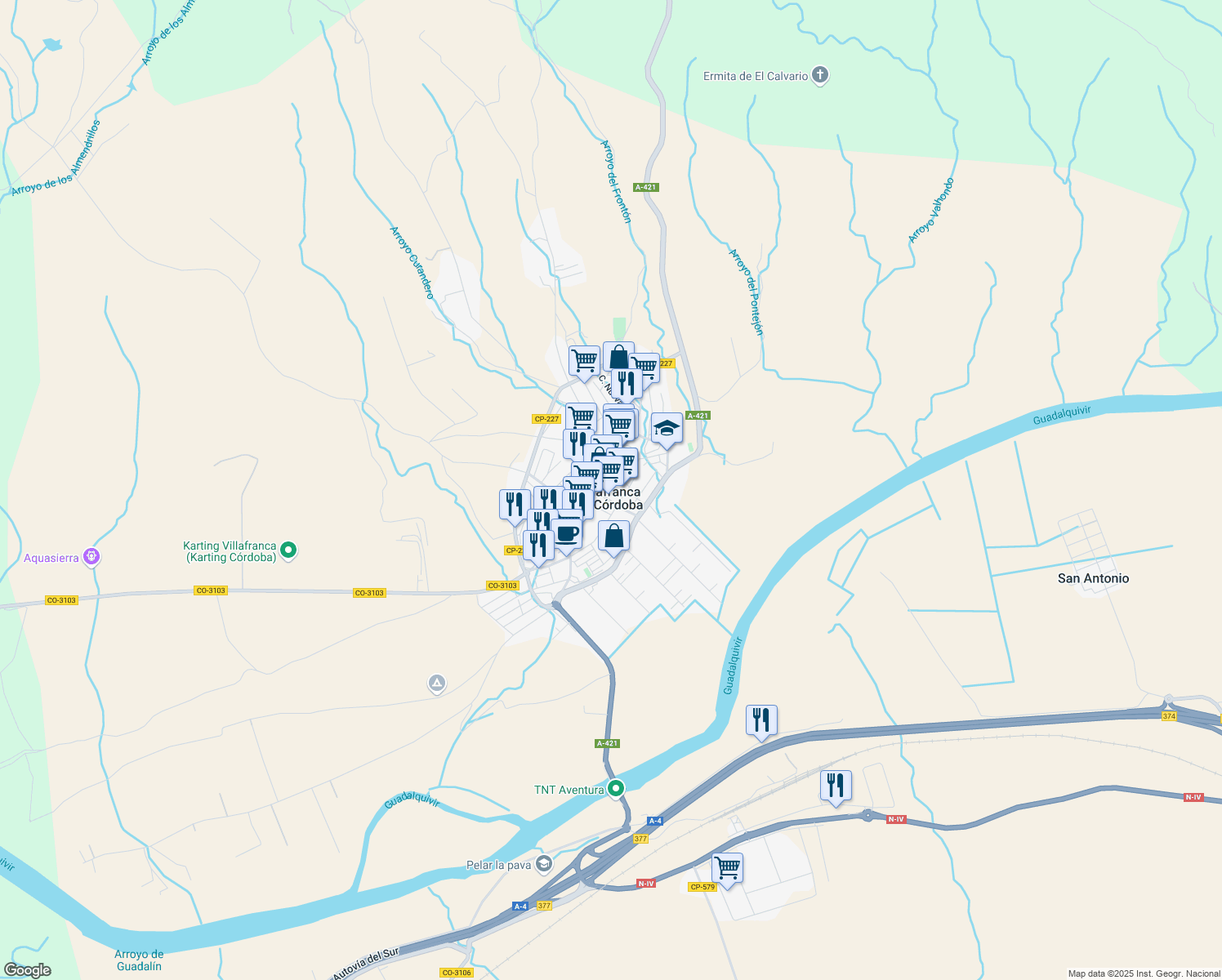map of restaurants, bars, coffee shops, grocery stores, and more near 6 Calle Caridad in Villafranca de Córdoba