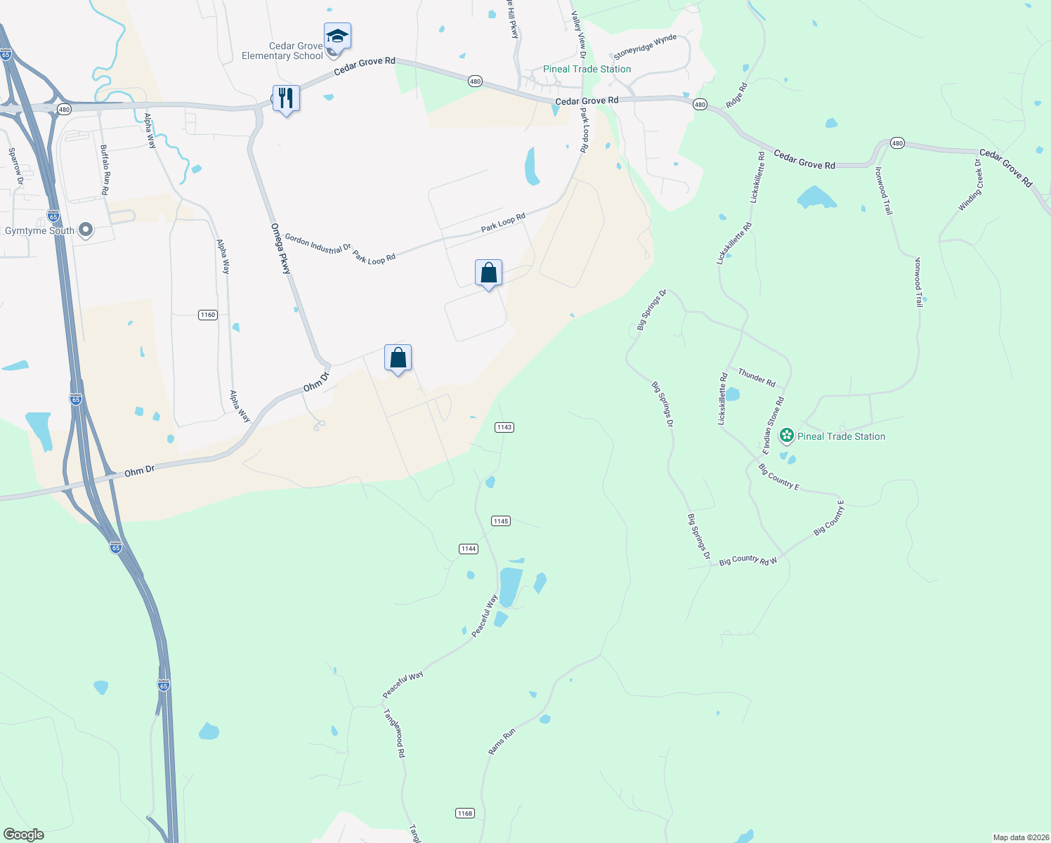 map of restaurants, bars, coffee shops, grocery stores, and more near 1265 Peaceful Way in Shepherdsville