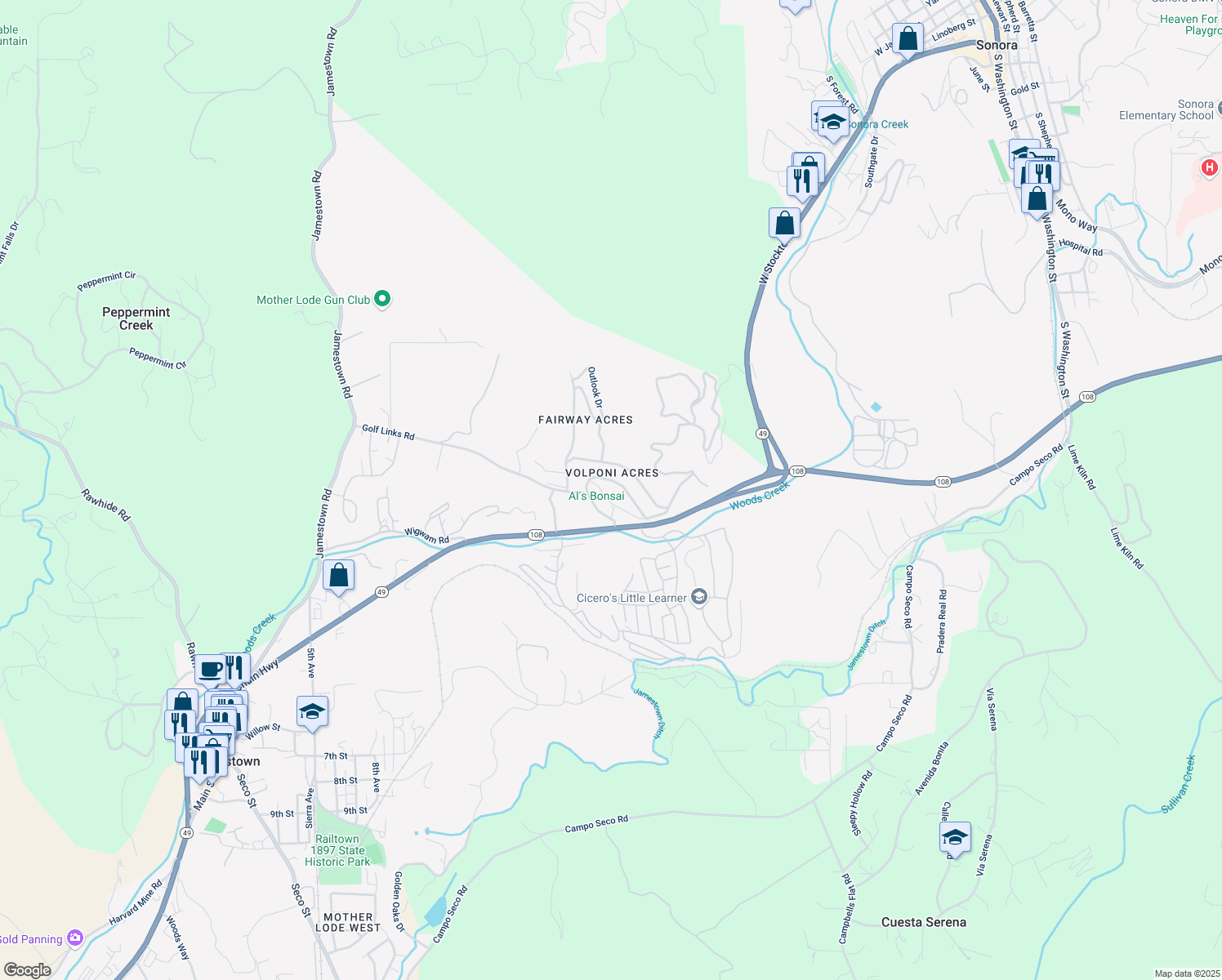 map of restaurants, bars, coffee shops, grocery stores, and more near 11172 Circle Drive in Jamestown