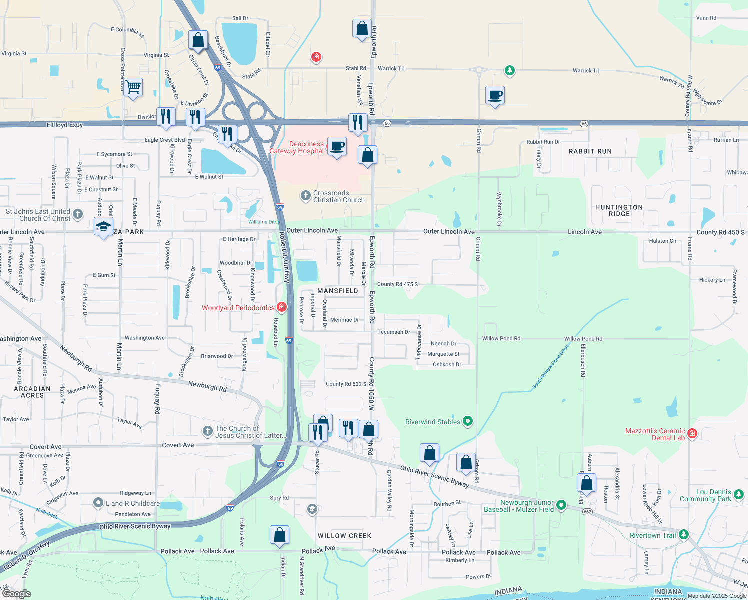 map of restaurants, bars, coffee shops, grocery stores, and more near 4800 Epworth Road in Newburgh