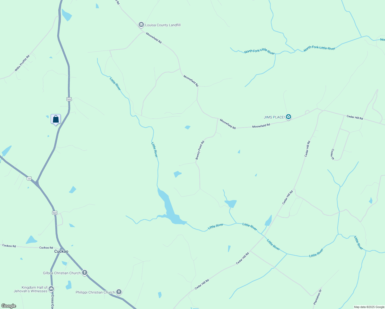 map of restaurants, bars, coffee shops, grocery stores, and more near 410 Breezy Point Rd in Mineral