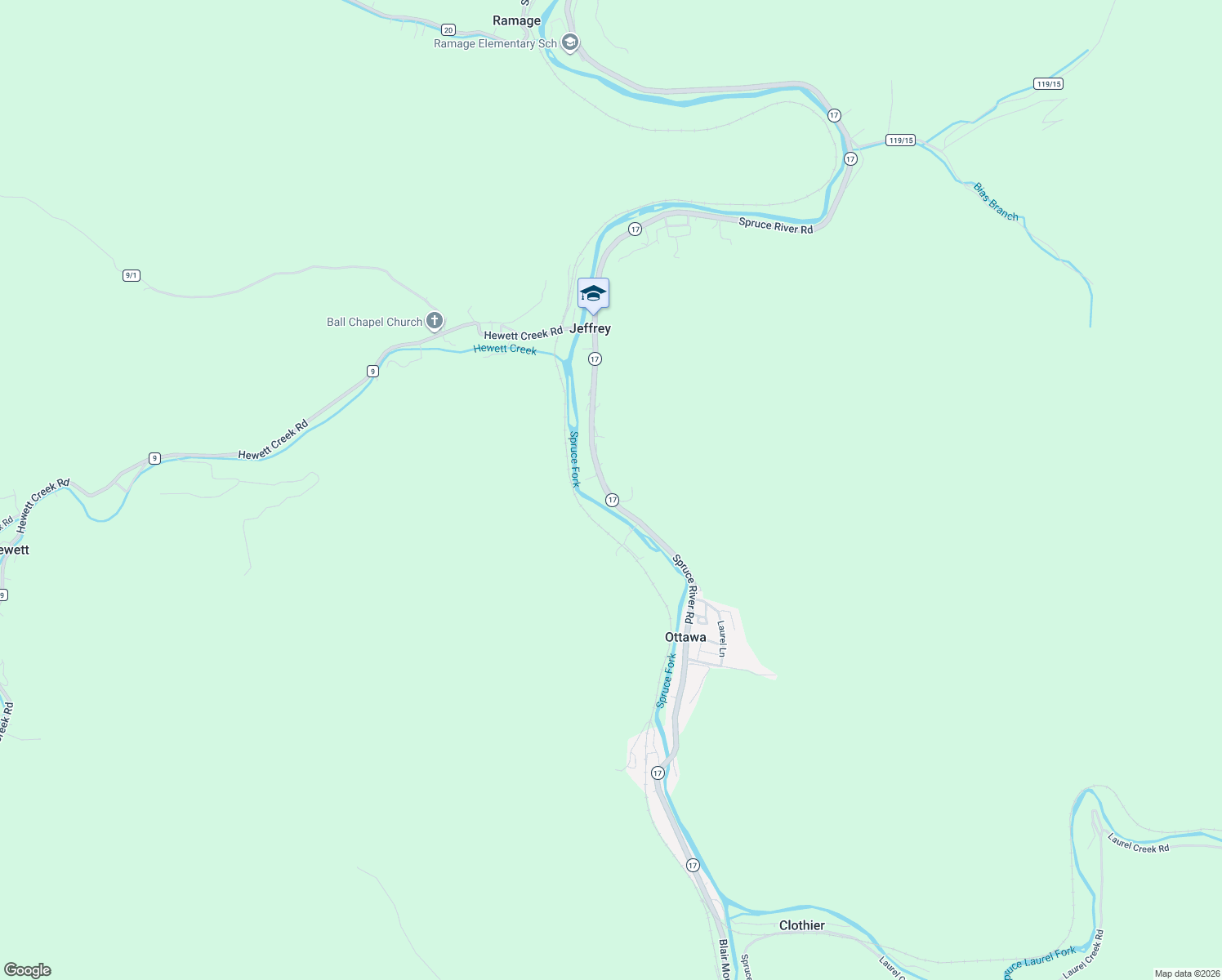 map of restaurants, bars, coffee shops, grocery stores, and more near Blair Mountain Highway in Jeffrey
