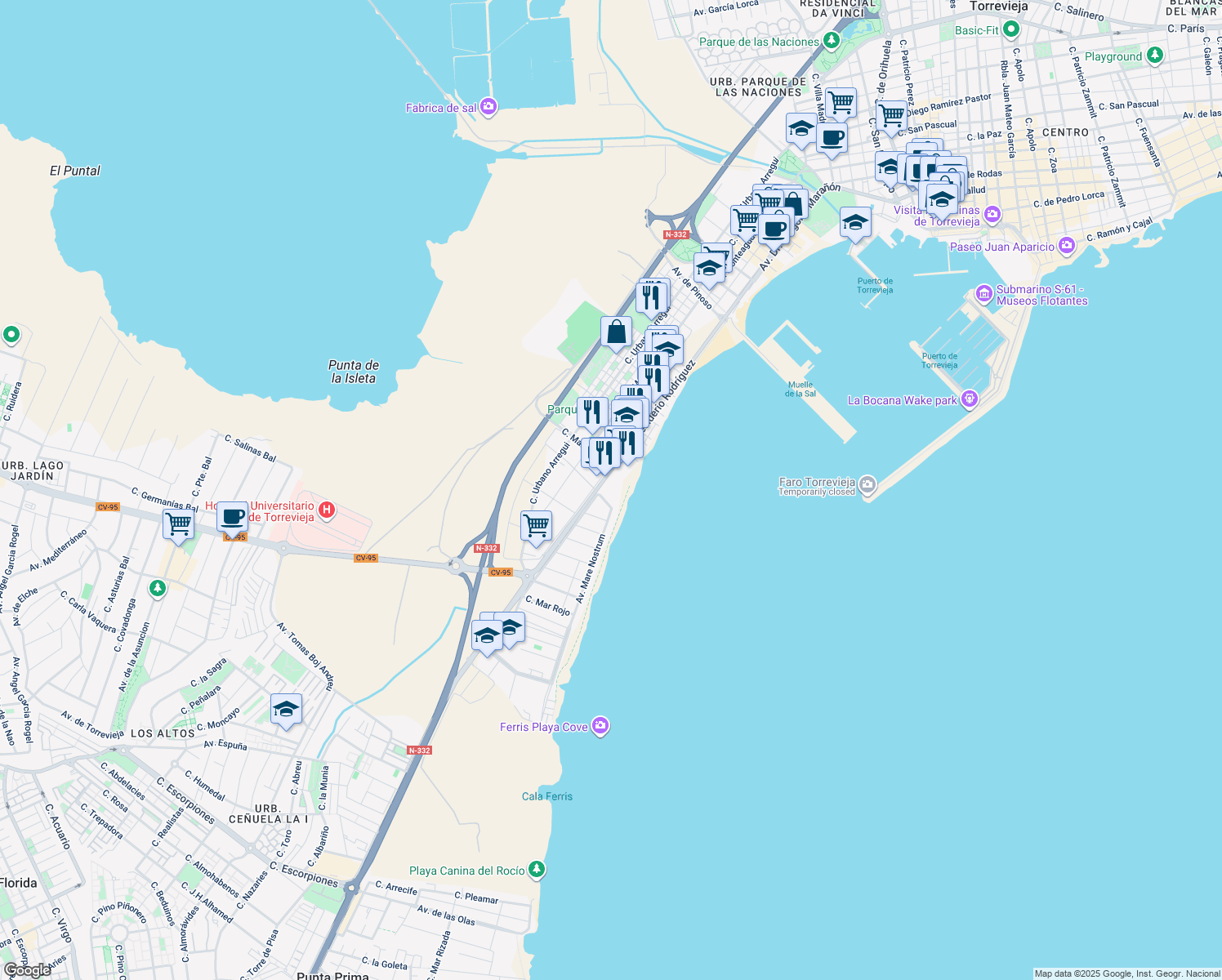 map of restaurants, bars, coffee shops, grocery stores, and more near 37A Avenida Desiderio Rodríguez in Torrevieja