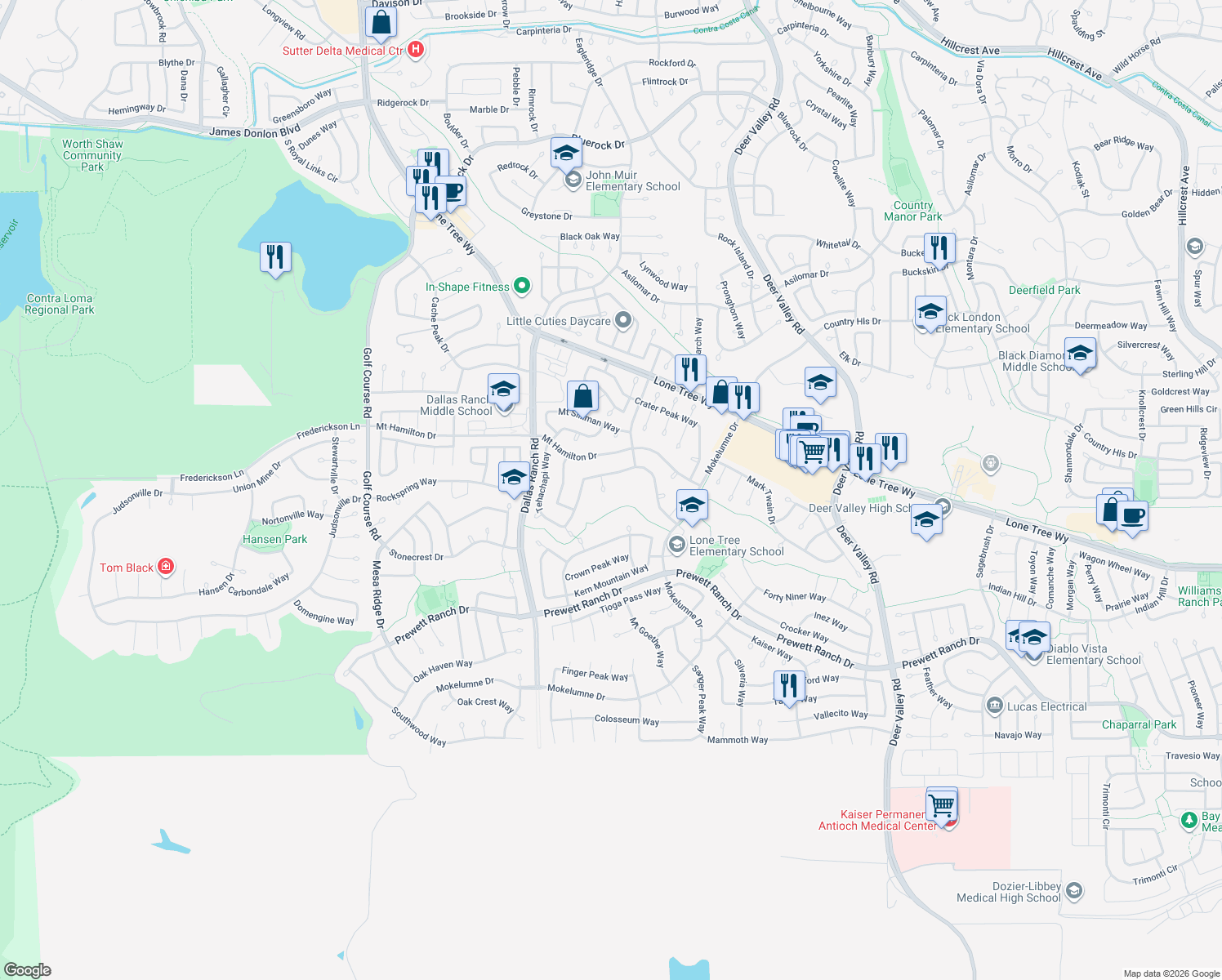 map of restaurants, bars, coffee shops, grocery stores, and more near 1868 Soldier Mountain Court in Antioch