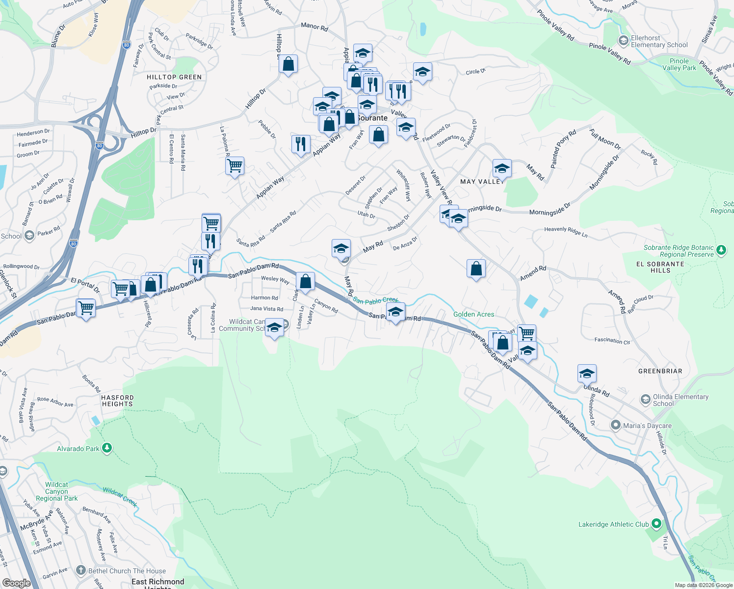 map of restaurants, bars, coffee shops, grocery stores, and more near 4780 Bruno Road in El Sobrante