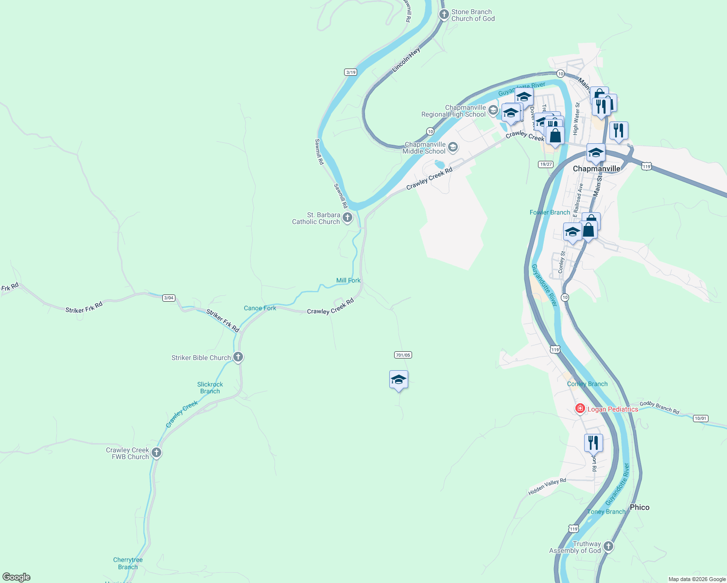 map of restaurants, bars, coffee shops, grocery stores, and more near 48 Mill Branch in Chapmanville
