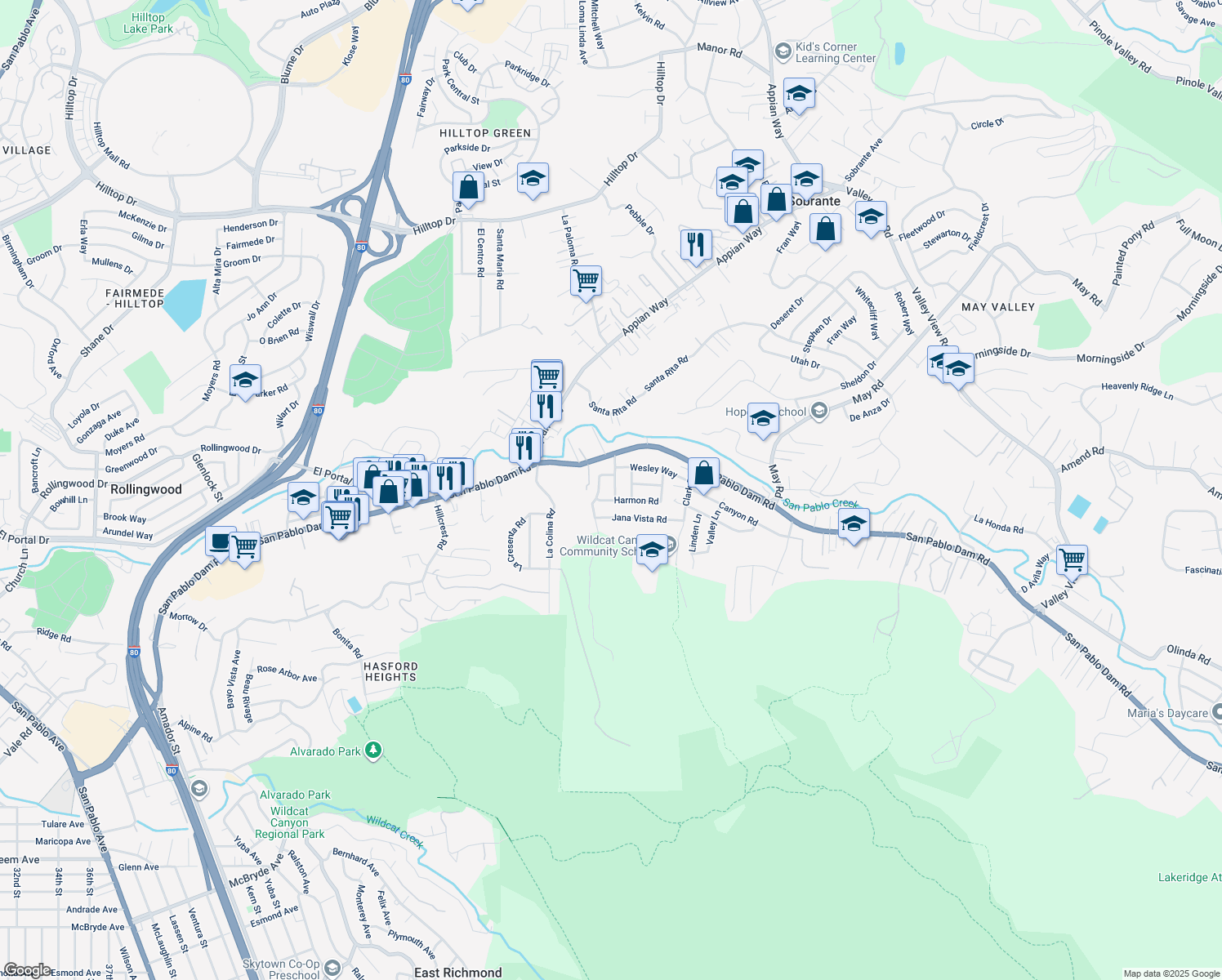 map of restaurants, bars, coffee shops, grocery stores, and more near 3950 Milton Drive in El Sobrante