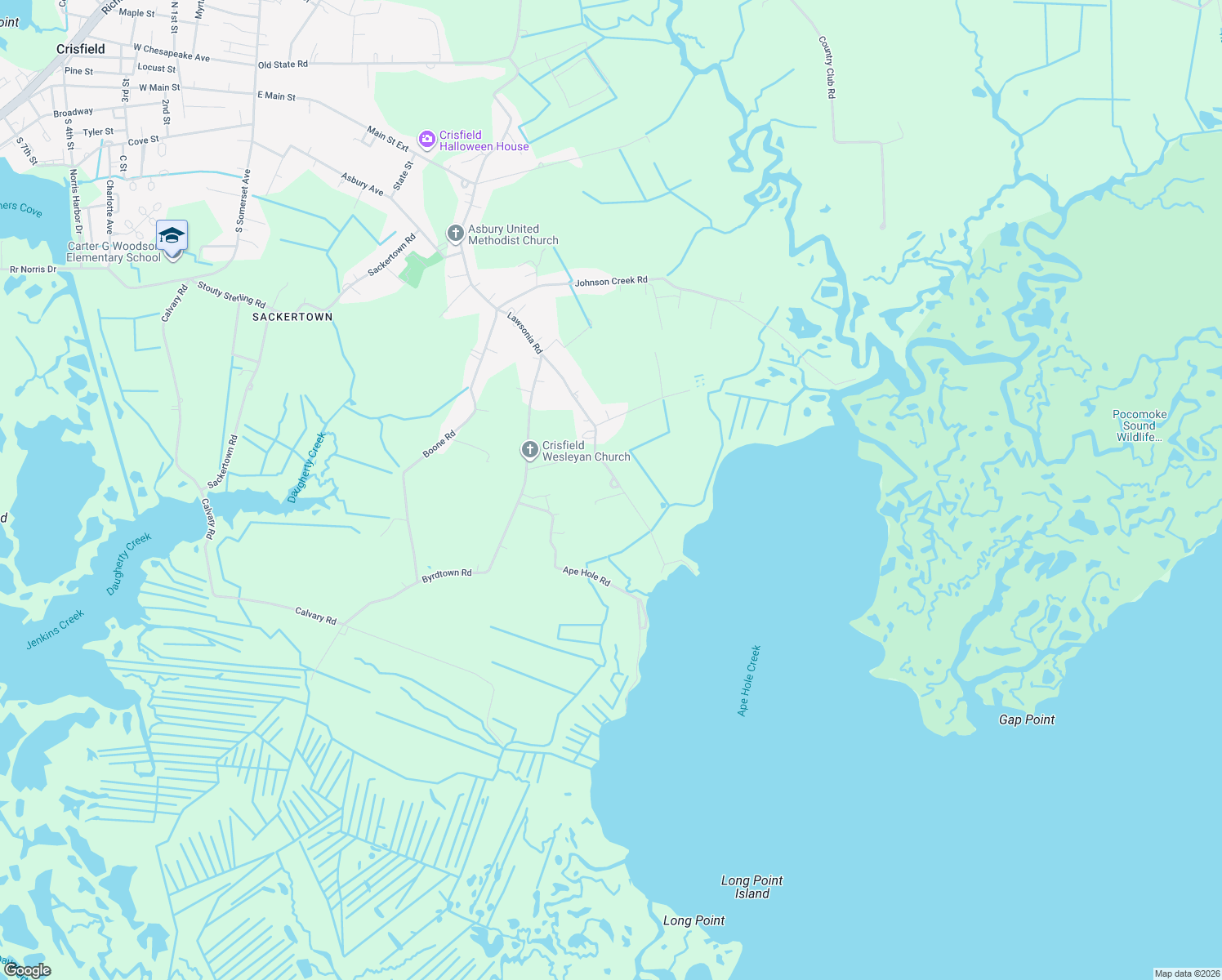 map of restaurants, bars, coffee shops, grocery stores, and more near 3016 William Maddox Rd in Crisfield