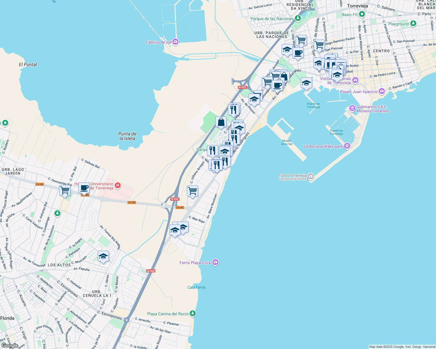 map of restaurants, bars, coffee shops, grocery stores, and more near 37A Avenida Desiderio Rodríguez in Torrevieja