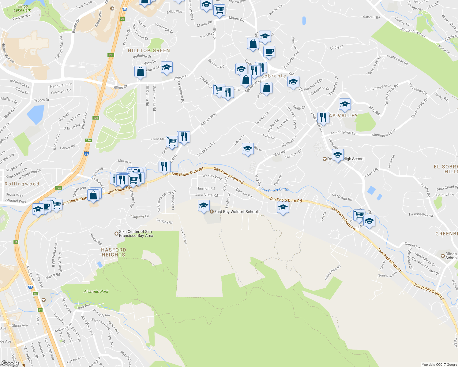 map of restaurants, bars, coffee shops, grocery stores, and more near 4521 Canyon Road in El Sobrante