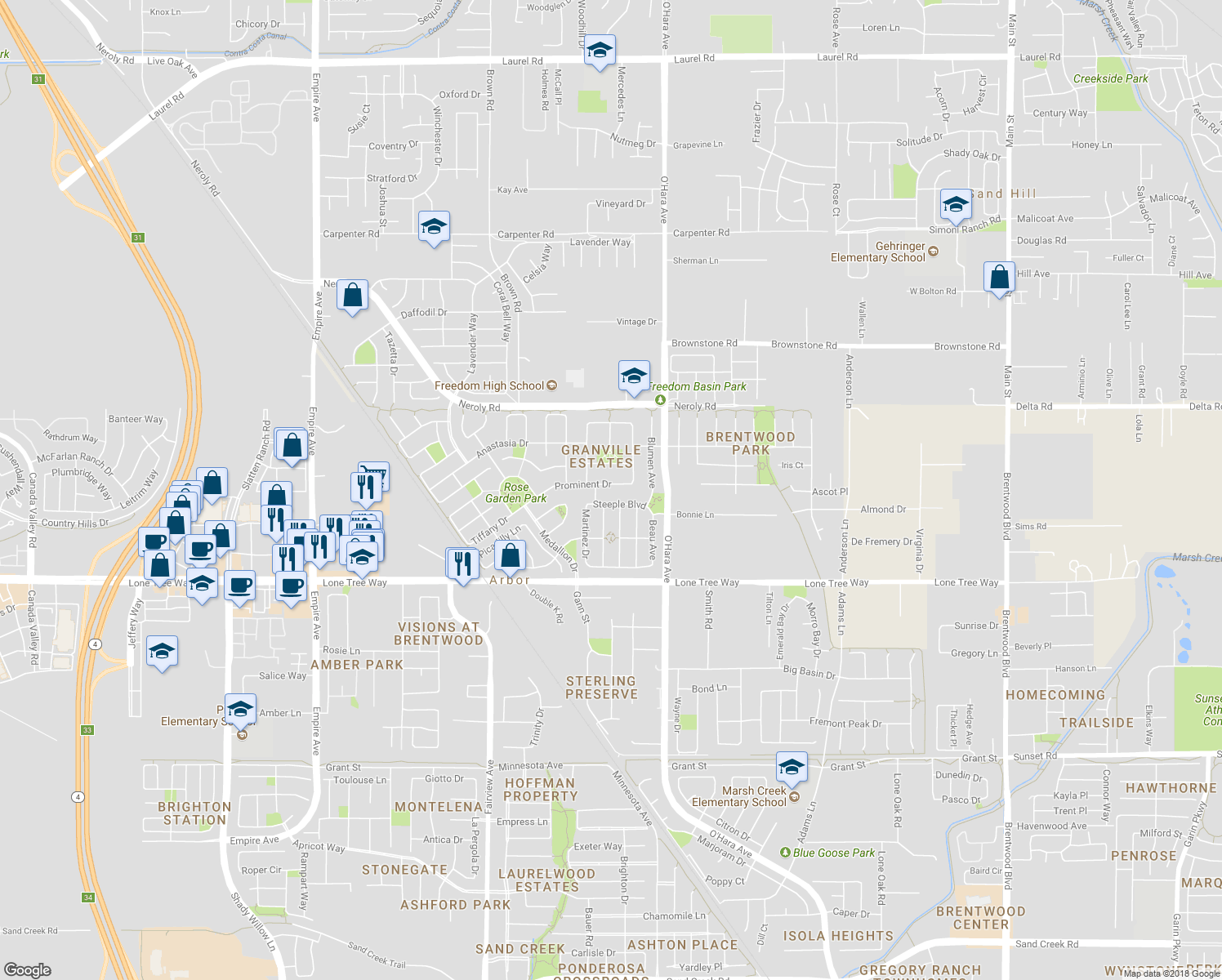 map of restaurants, bars, coffee shops, grocery stores, and more near 1284 Prominent Drive in Brentwood