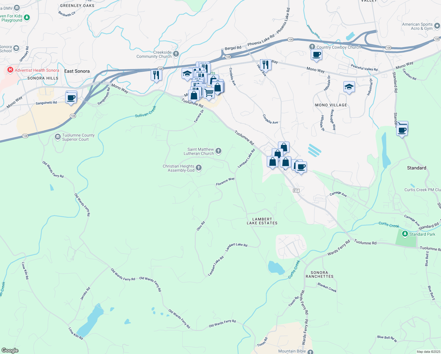 map of restaurants, bars, coffee shops, grocery stores, and more near 13978 Florence Way in Sonora